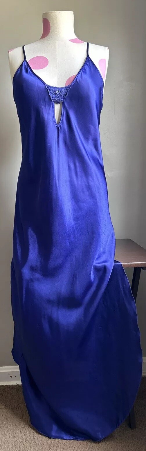 Vtg Lady Cameo Dallas Slippery Satin Glossy Blue Slip dress Nightie L Slit Bow