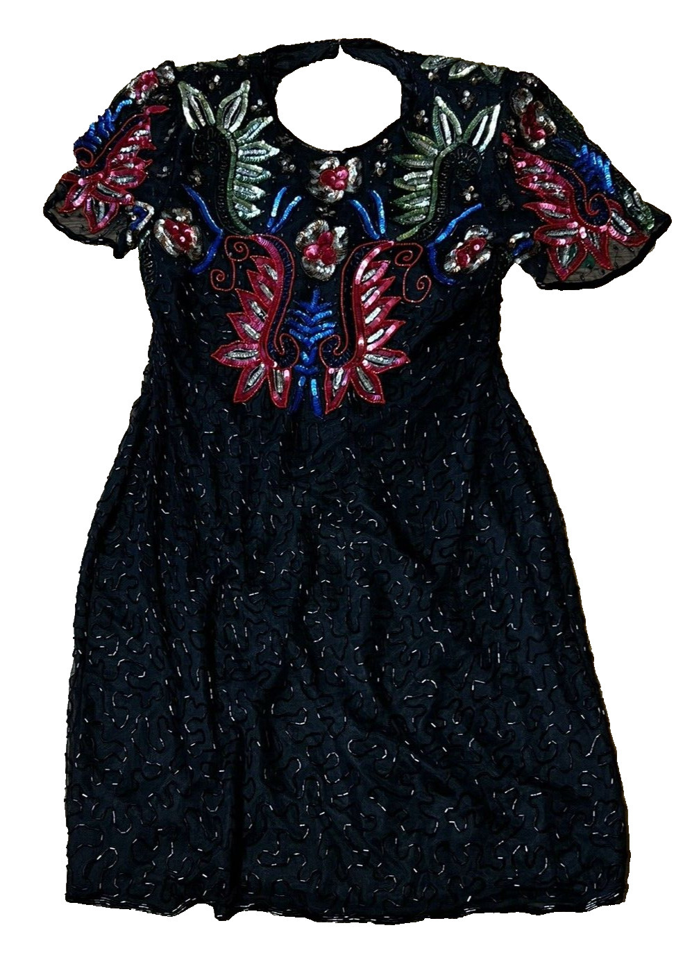 Vintage 90s Sheath Dress Bright Sequin and Bead Knee Length Party By Glamour