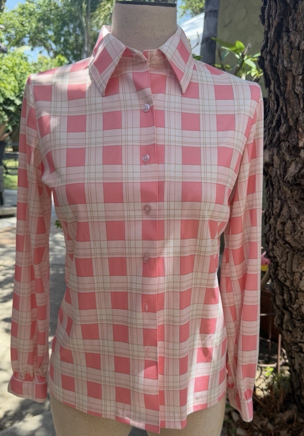 VTG 70’s Women’s LS Pink/White Checkers Plaid Collared Button Front Blouse SZ 10