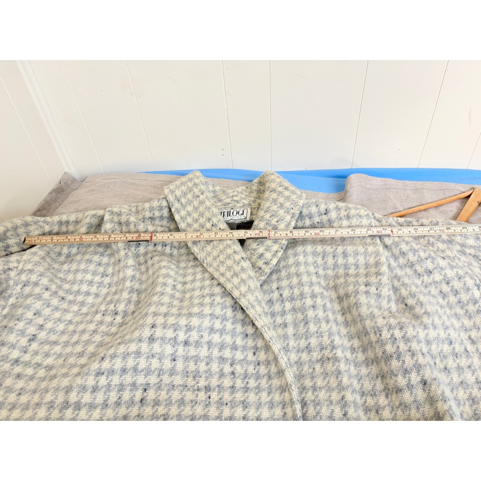 Vintage Trilogi Pure Wool Houndstooth Coat Double Breasted Shawl Collar USA Made