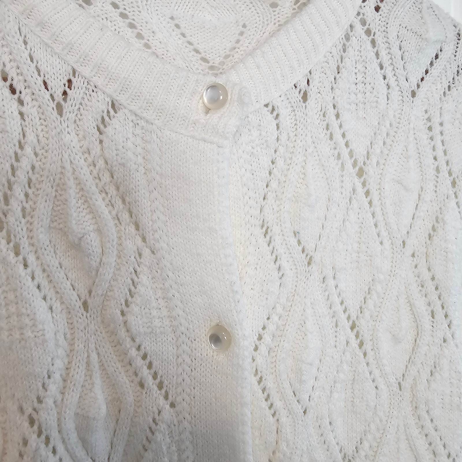 Vintage Knit Cardigan Womens Med White Cottage Button Neutral Sheer Granny Retro