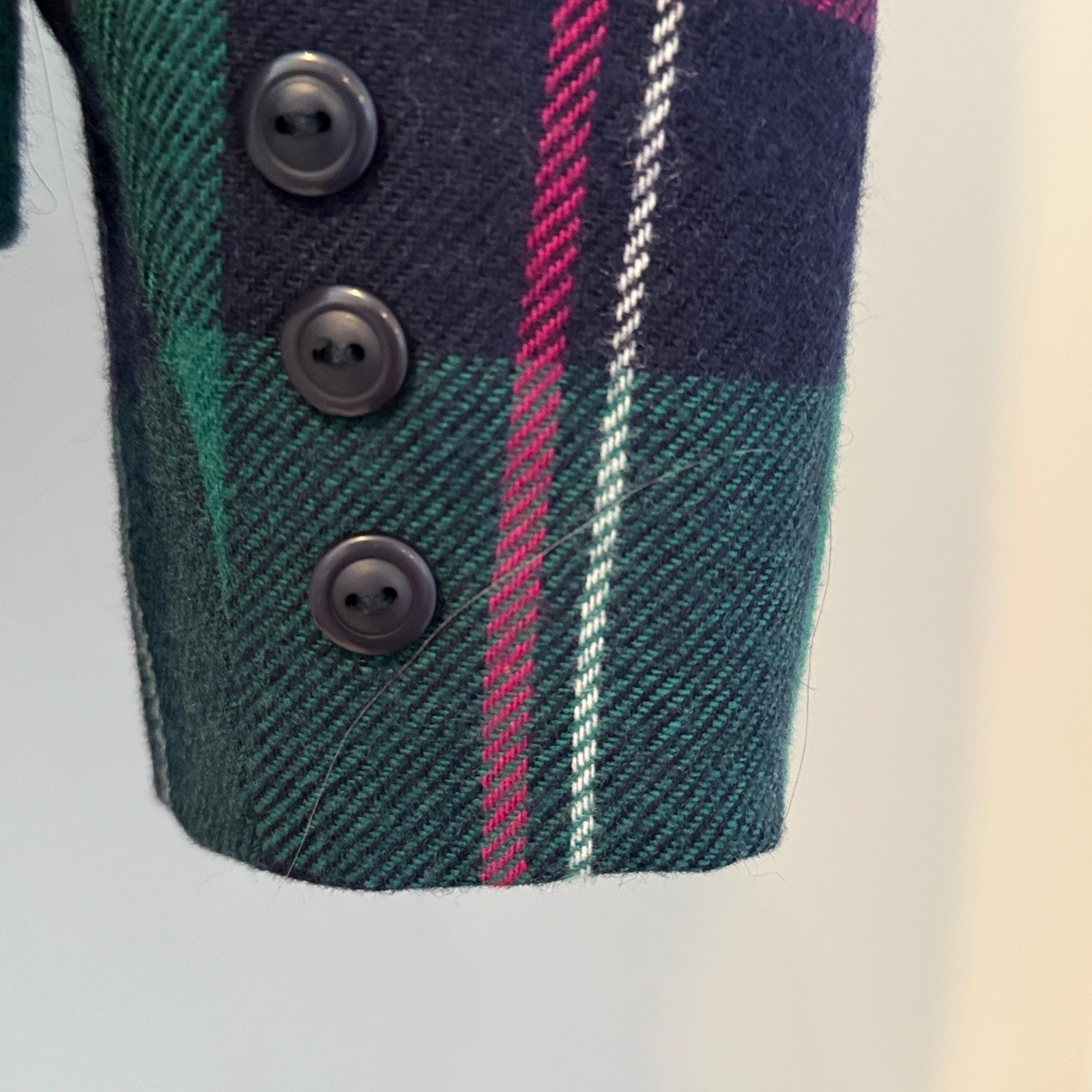 Vintage 80s Plaid Wool Blend Blazer – Teal Green Navy Pink – Petite Size 10