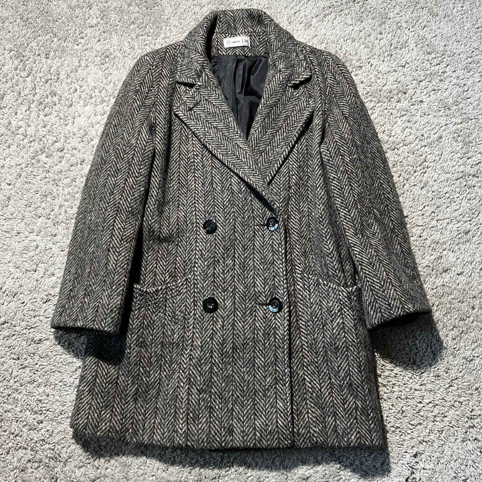 Vintage Womens Wool Houndstooth Trench Coat Grey Stripe 1980s USA Herman Kay