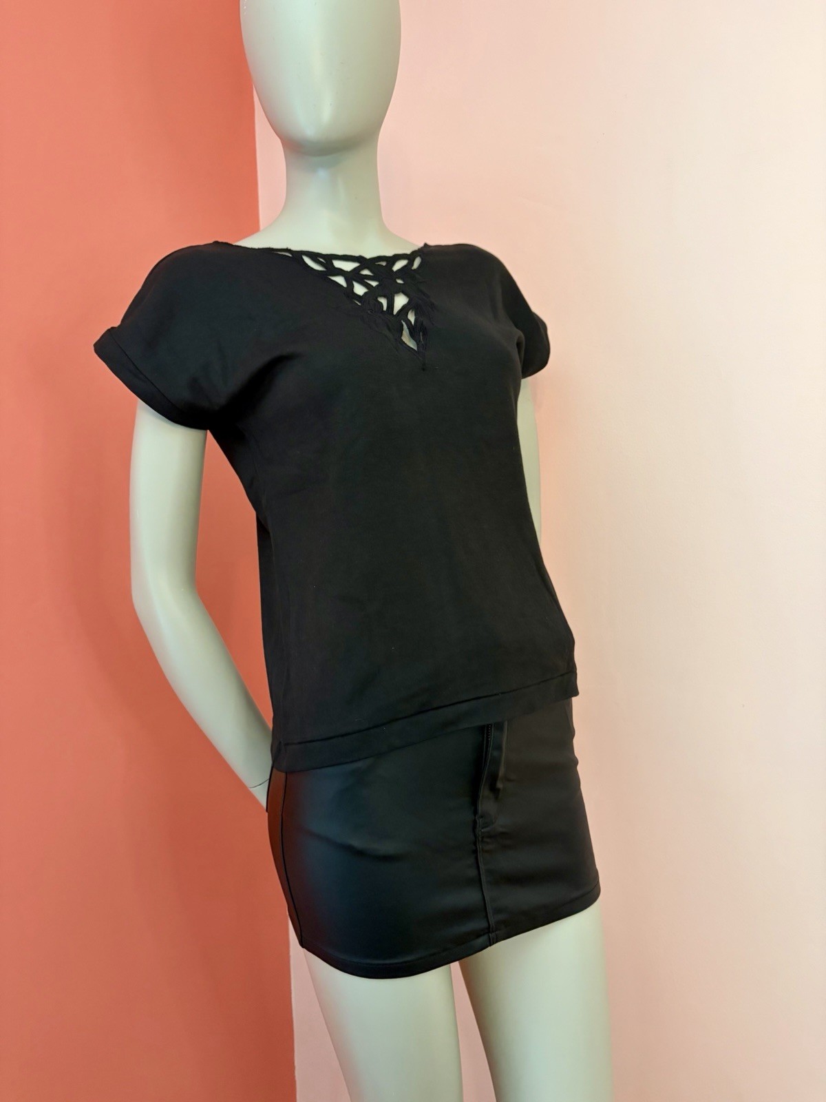 VTG NWT 80s 90s Black Cutout Floral Neckline Top Shirt soft goth dark romance M