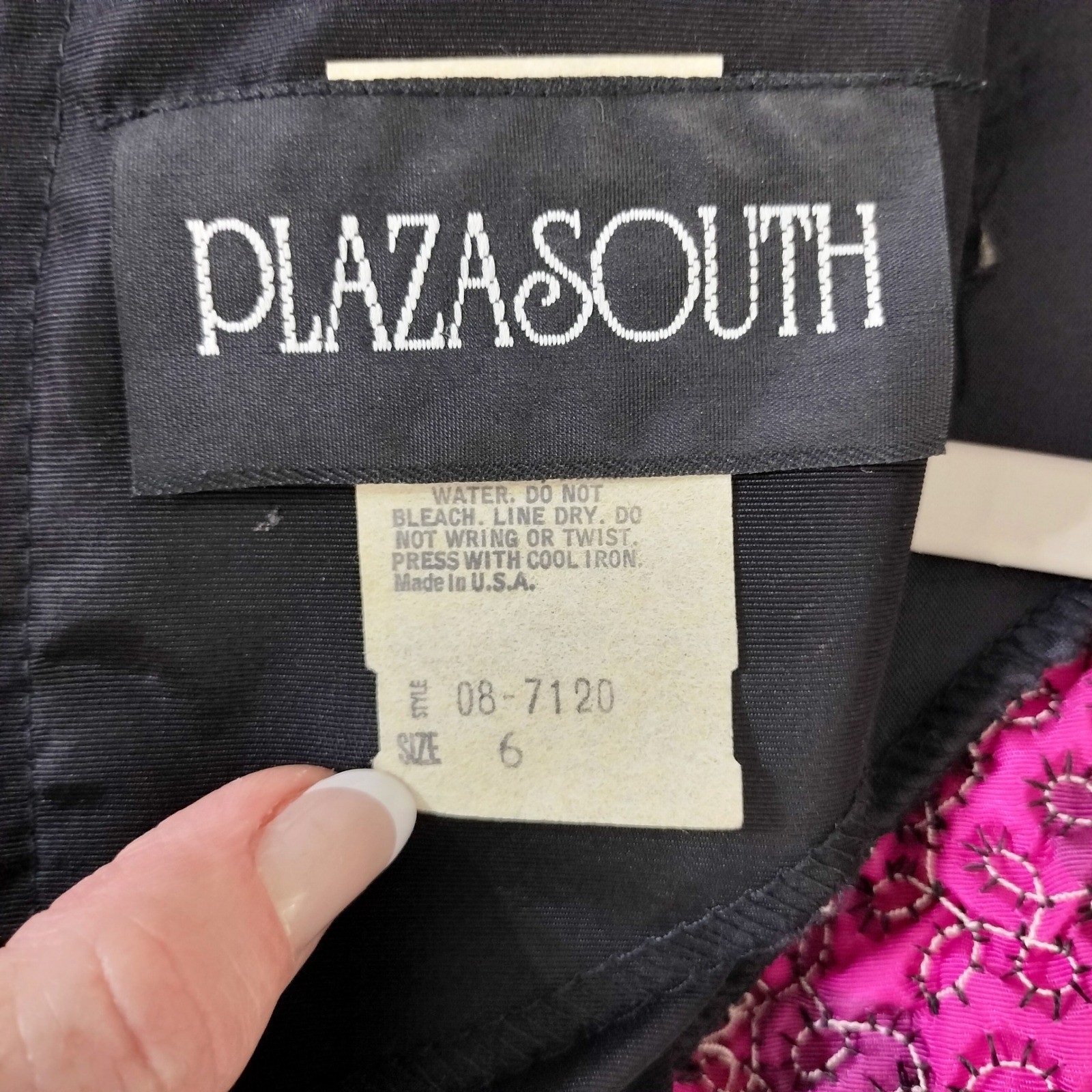 Plaza South Black Pink Dress; Vintage 80s Polka Dot Puff Sleeve Bow Accent