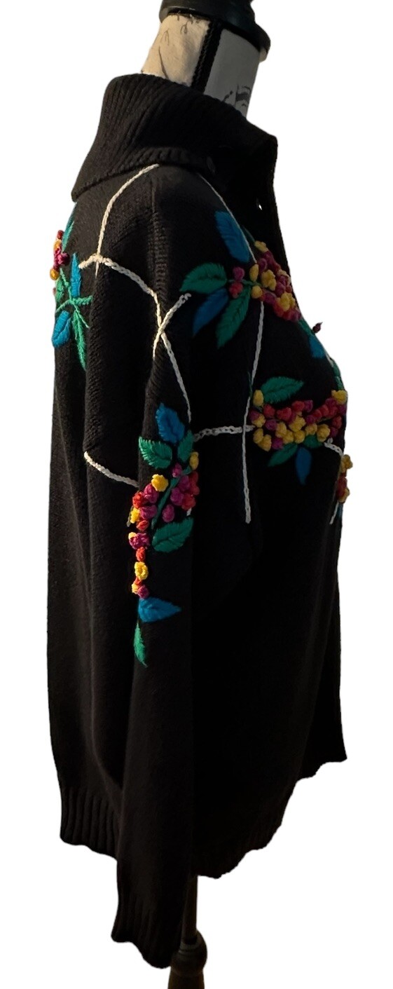 Vintage IB Diffusion Womans Black Cotton Sweater Colorful Multi Color Floral Med