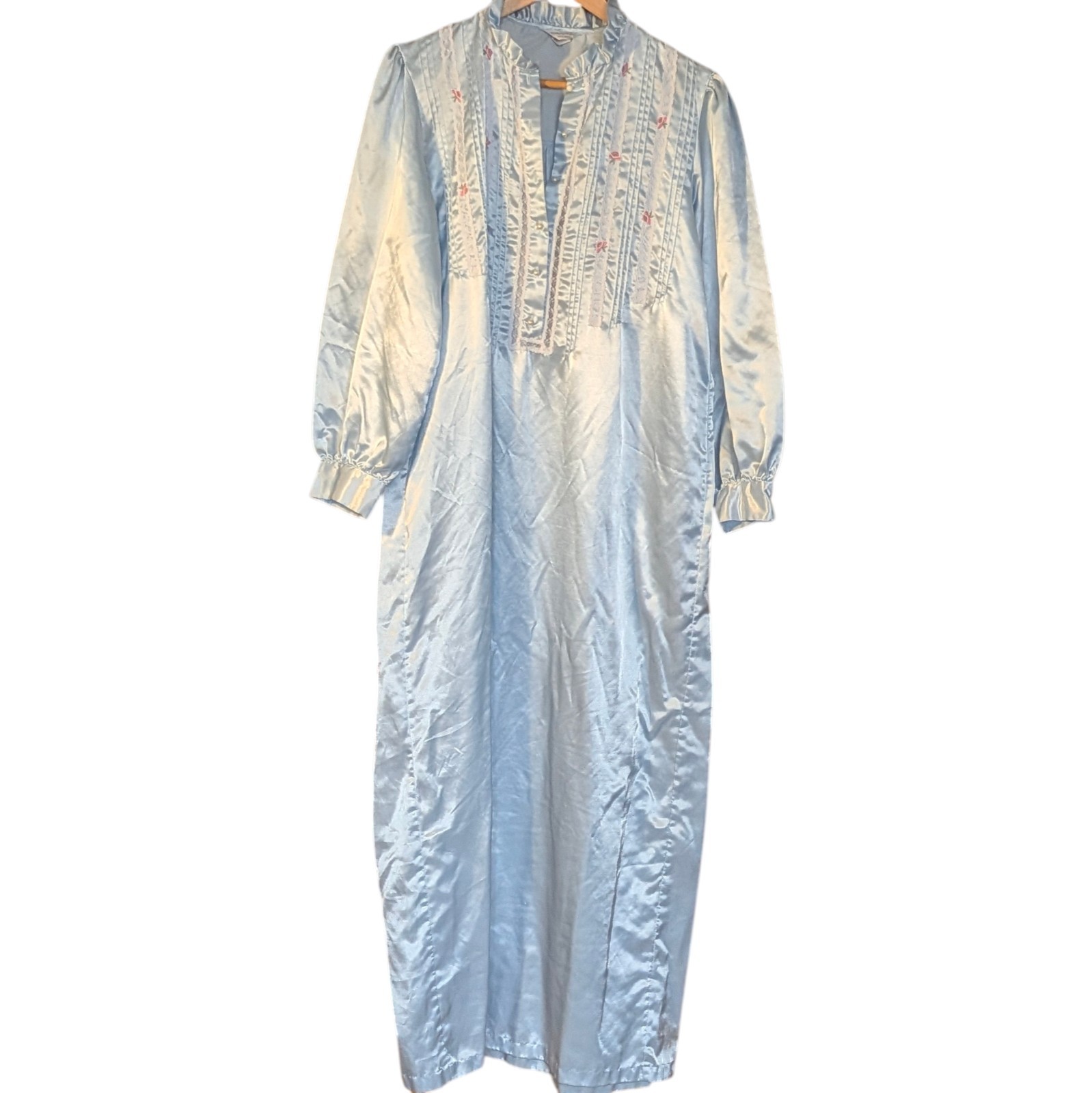 Jodie Arden Vintage Satin Nightgown S Blue Flowers Sleepwear Full Length