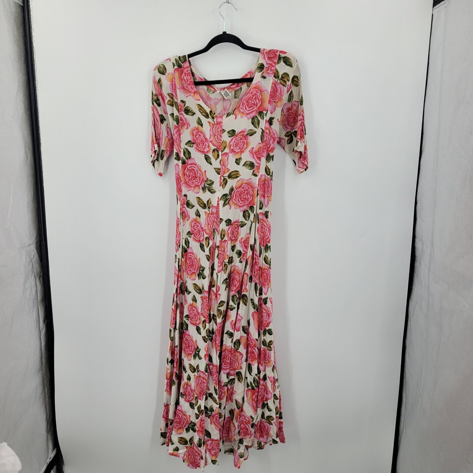 Vtg 90s Fairy Grunge Cottagecore Pink Rose Crinkle Tie Back Maxi Dress Sz M
