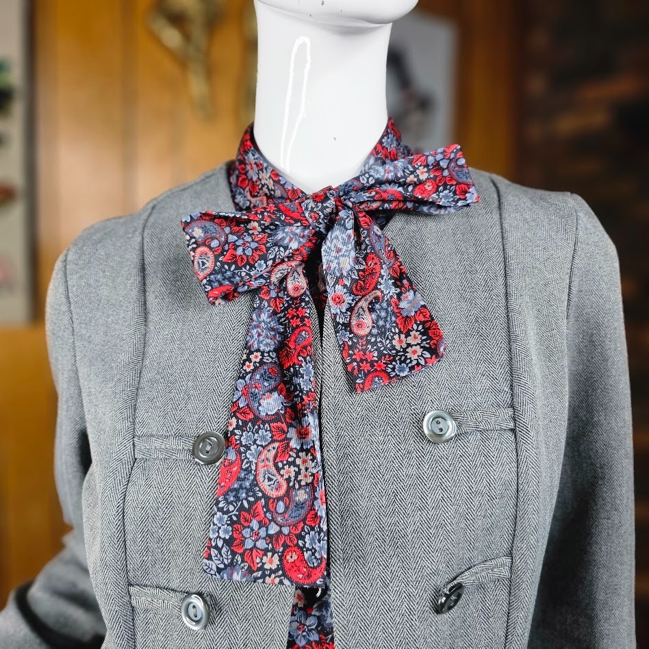 Vtg 80s Pussy Bow Power Suit Paisley Floral Dress w/ Blazer Secretary Dress M