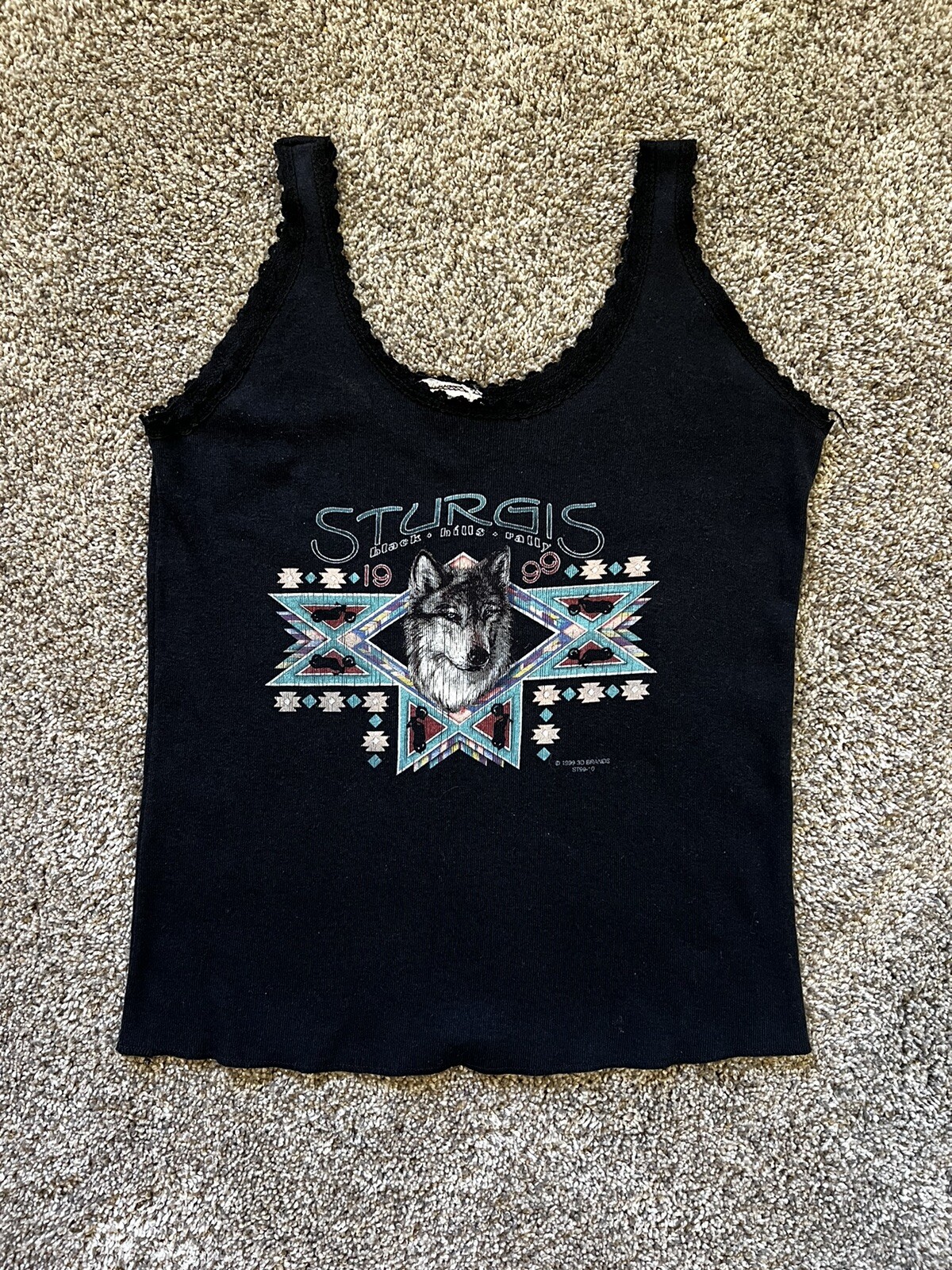 Vtg 90s 3D Emblem Sturgis Harley Biker Black Tank Top T-Shirt Women L Wolf Lace