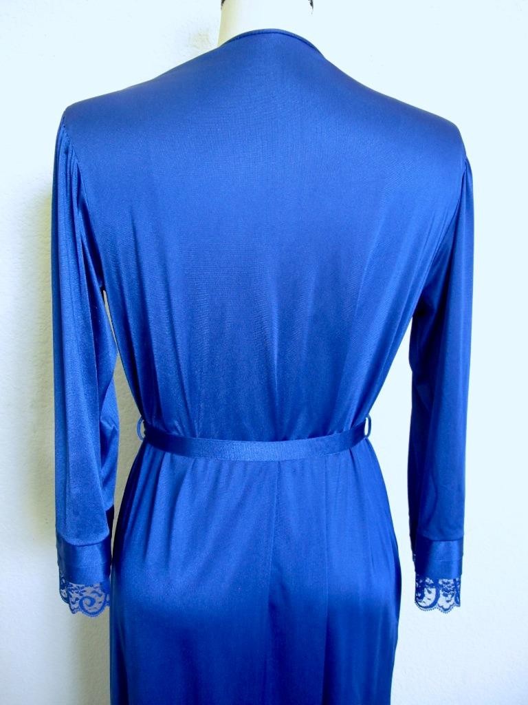Vintage Gilead Long Silky Nylon Robe w Lace Insertion S Tie Belt Royal Blue