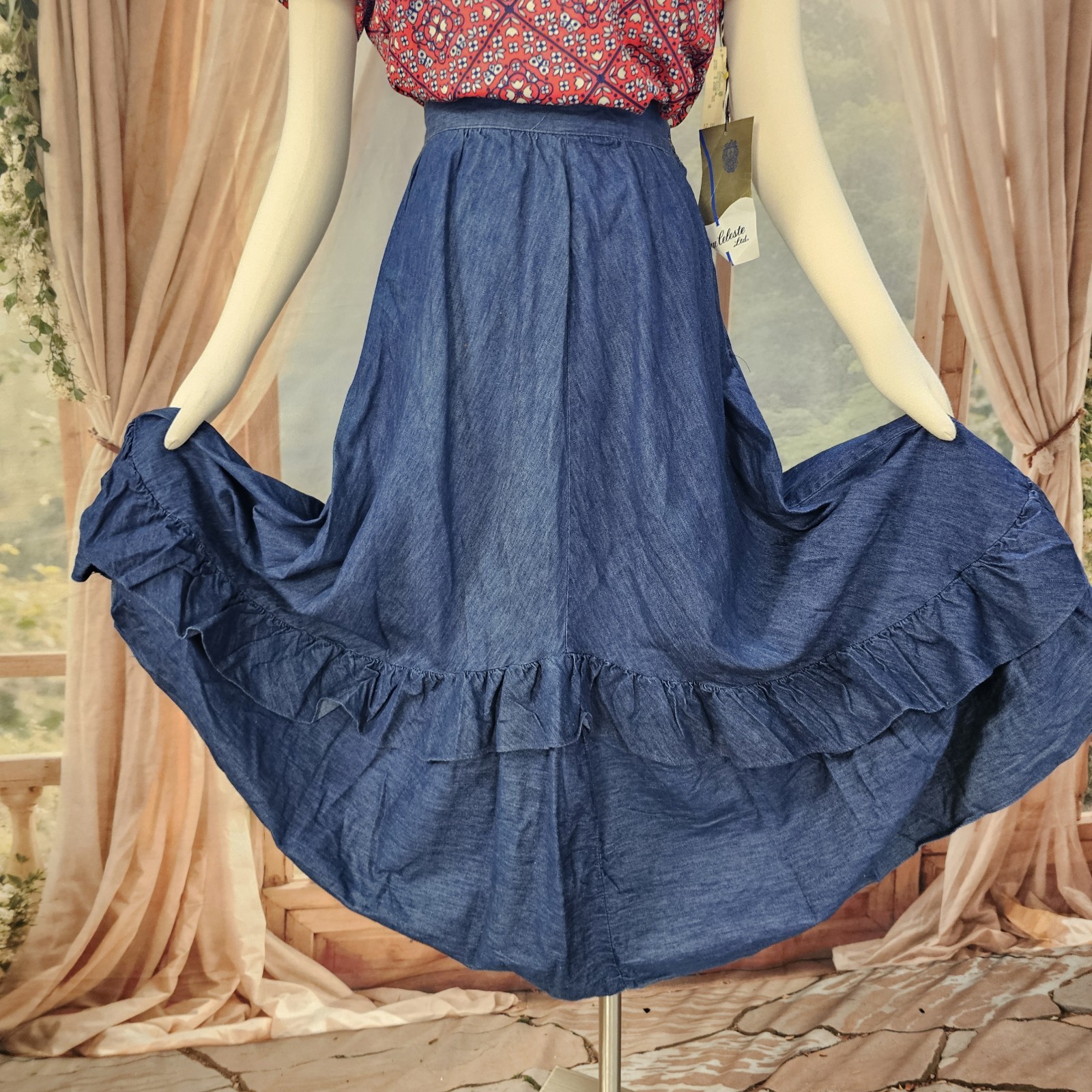 Vintage 1970s Skirt Denim Blue Jean Ruffle Flowy Midi Length Retro Chequers