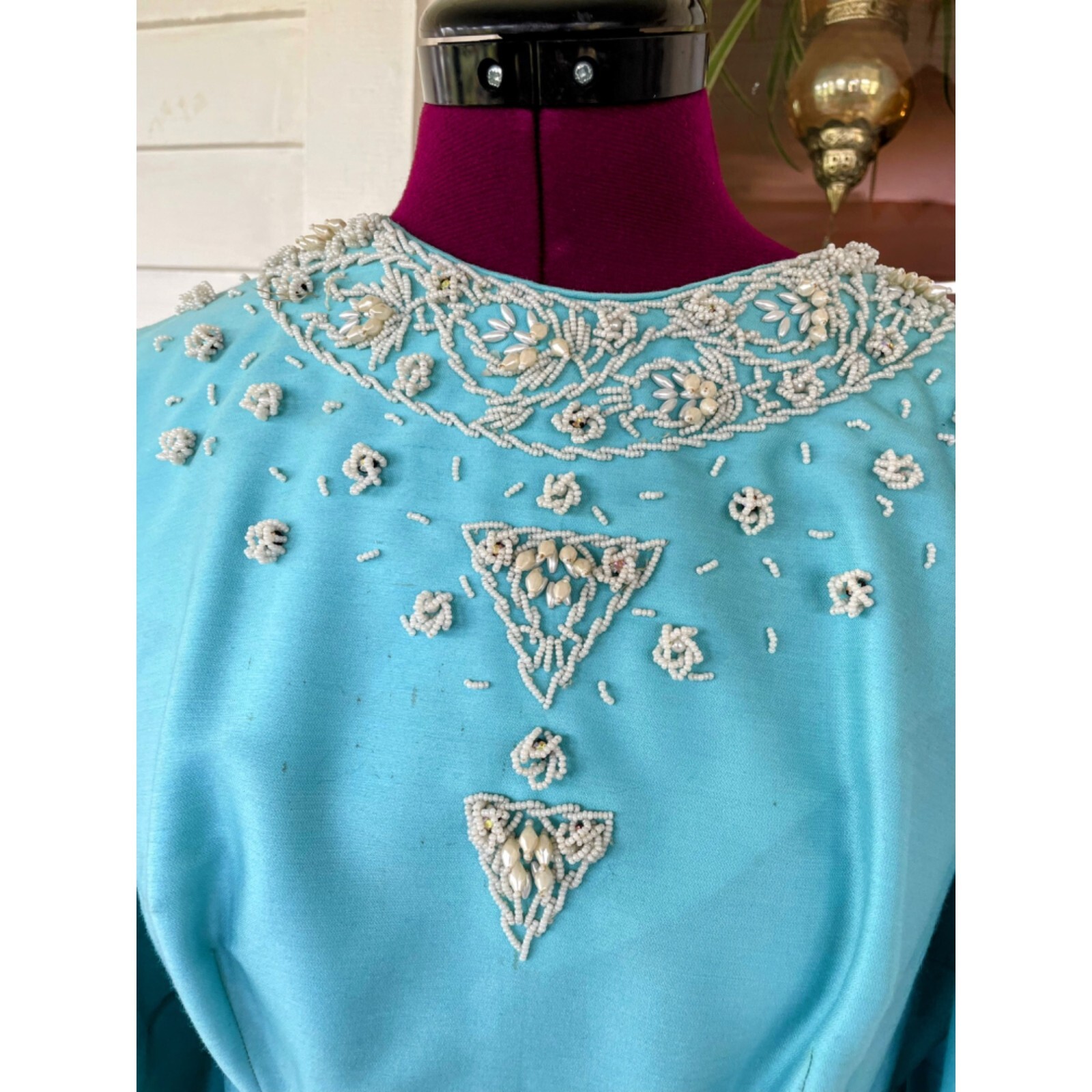 Vintage 1960s Blue Heavy Beaded Silk/wool Blend Midi Dress
