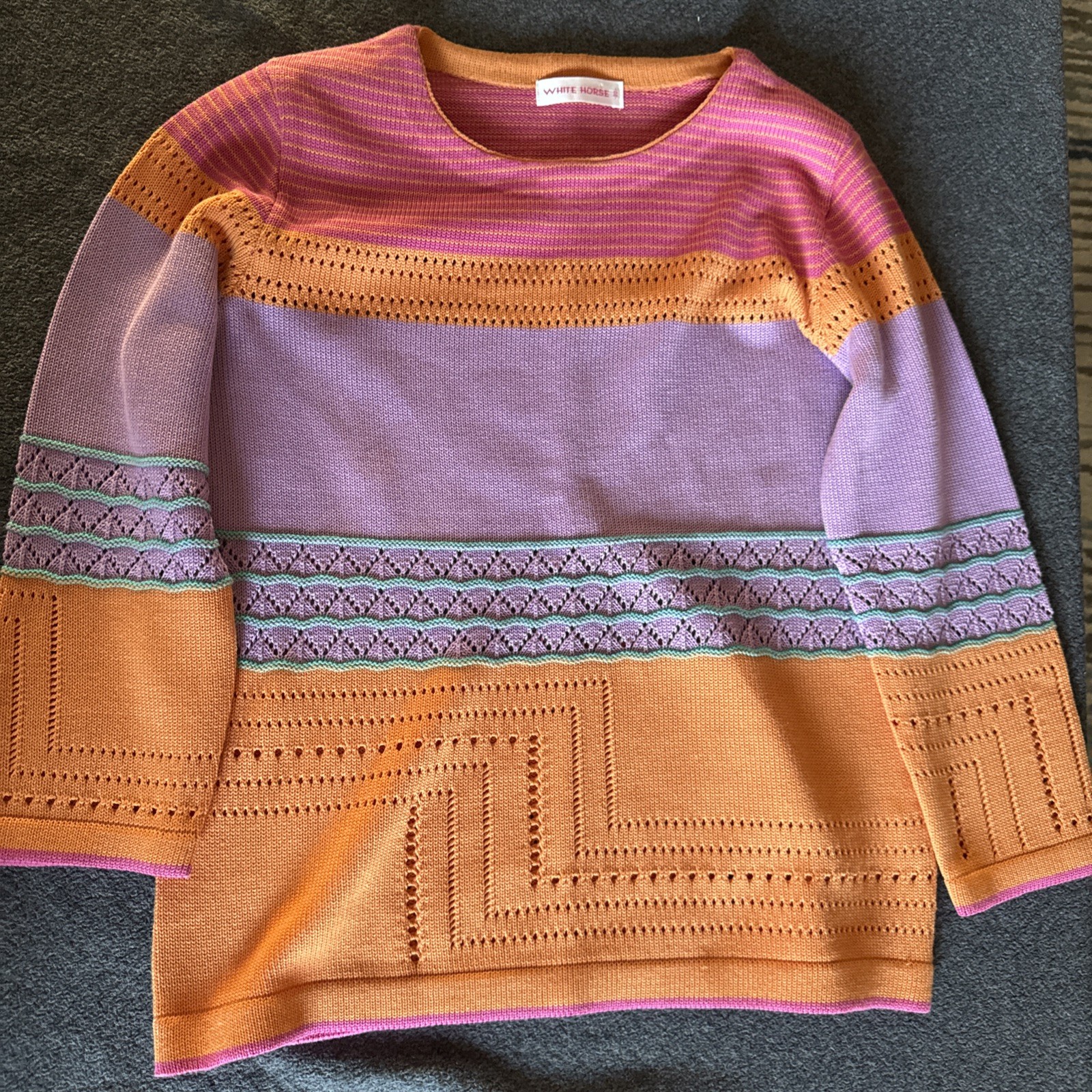 VNTG White Horse Knit Sweater Boho Art To Wear Geometric Pink Purple Orange S/M