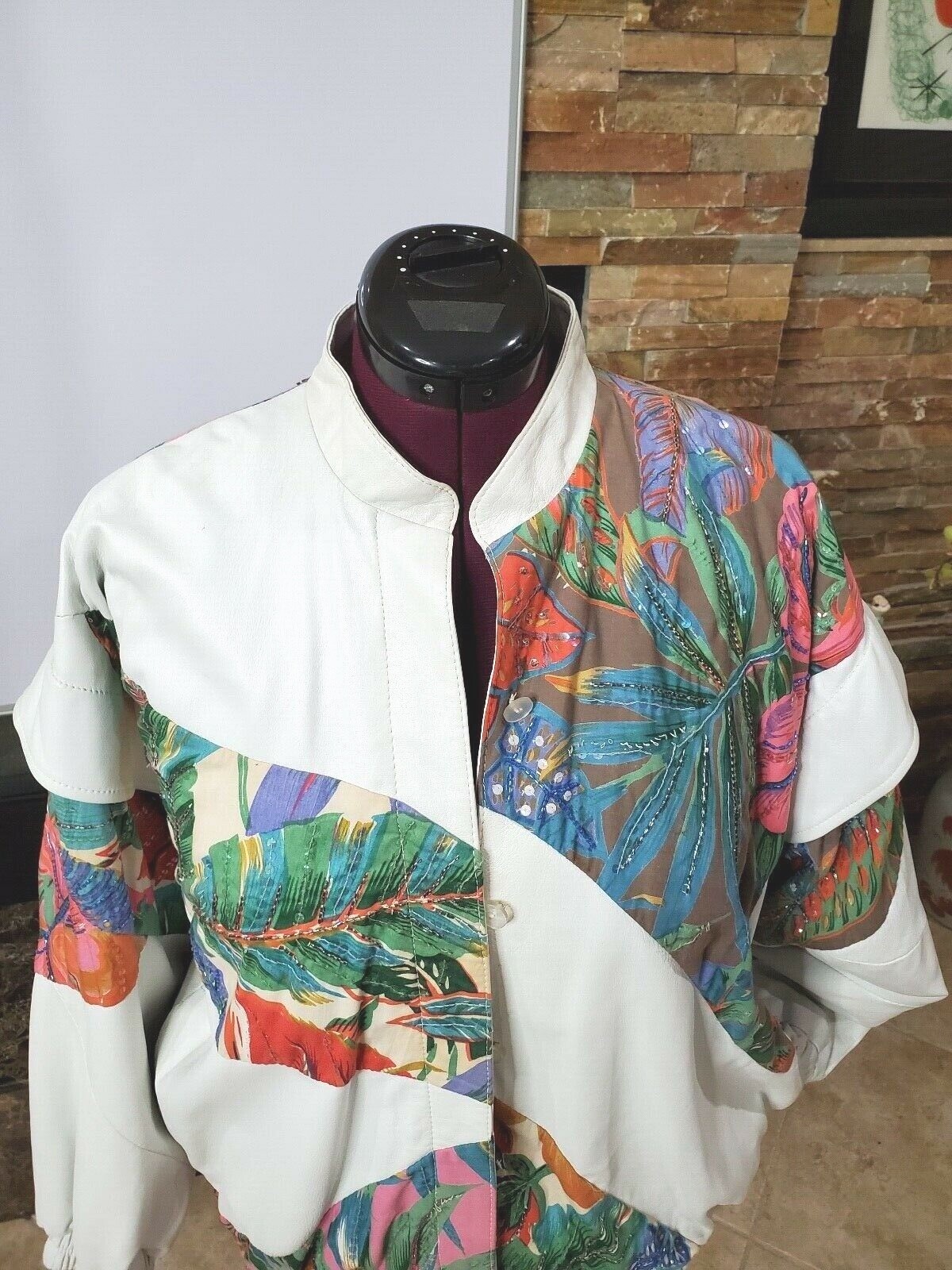 VTG Judith Ann Creation Sequin Beaded White Leather Jacket US L 10-2 Linen 90s