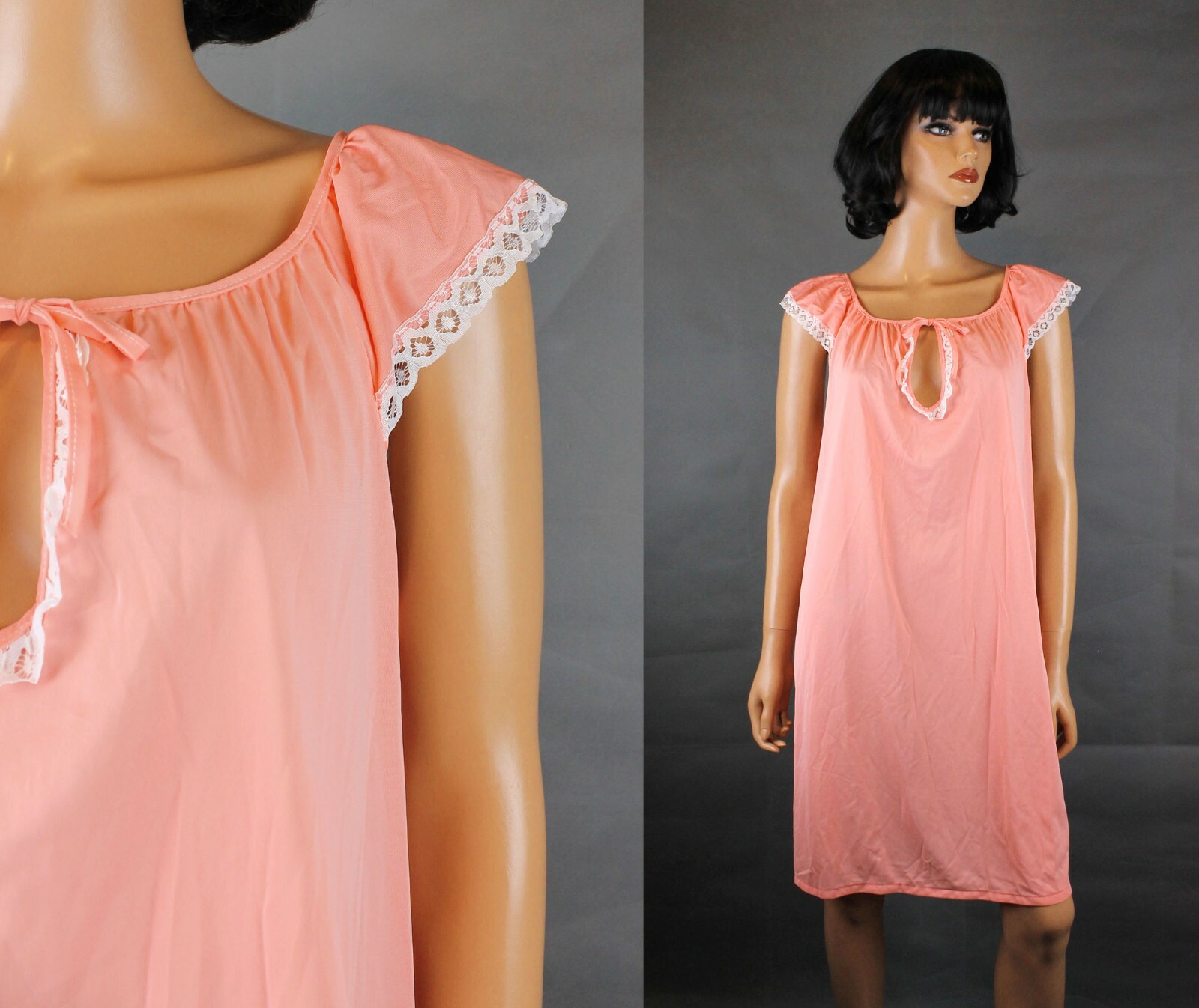 Shortie Nightgown Sz M L Vintage Sleeveless Salmon Pink Keyhole Neck Babydoll