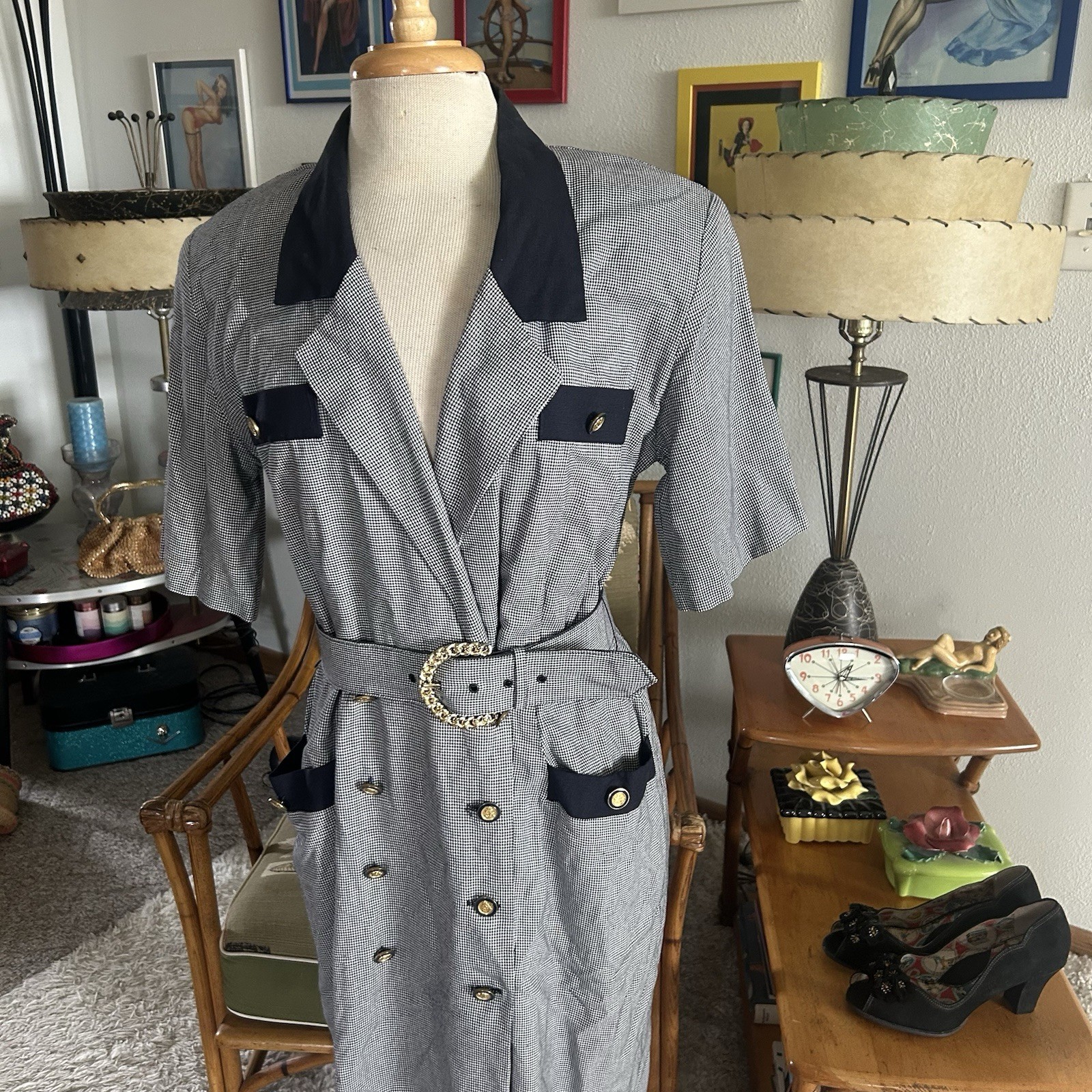Vintage 1940s Style Dress | Houndstooth | Black | M L | Office | 40s 80s