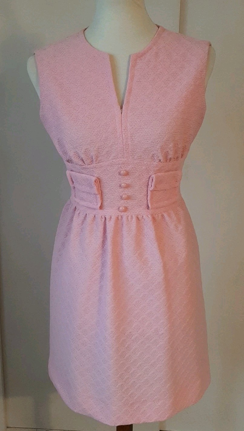 Vtg 60s70s Mod Gogo Mini Party Dress Pink Textured Sz9 Petite Carol Brent