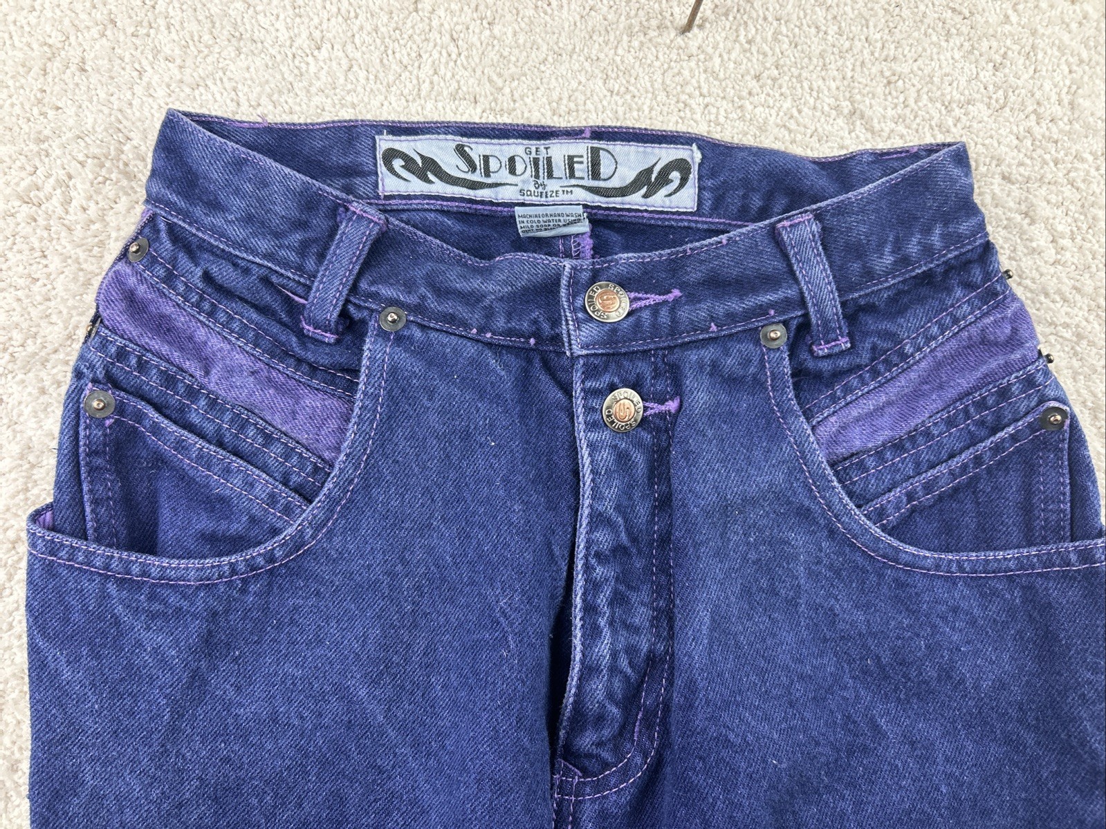 Vintage Squeeze 80s 90s Dark Blue/Lavender Wash Womens High Waist Rise Jeans 3/4