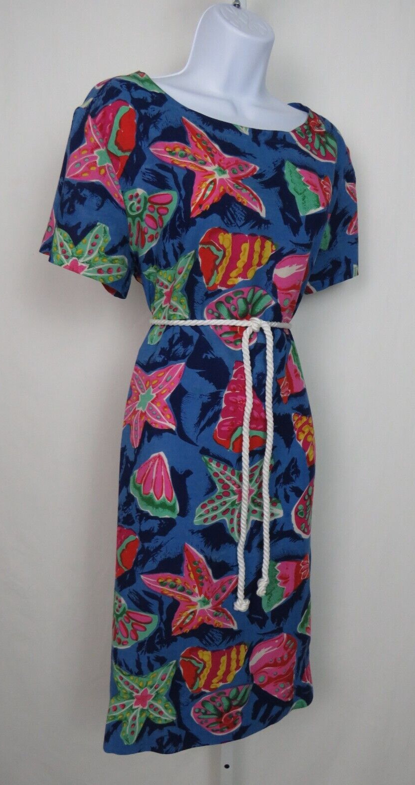 VTG 1990s PEPPERMINT BAY TROPICAL OCEAN DRESS STARFISH SEA SHELLS ROPE BELT