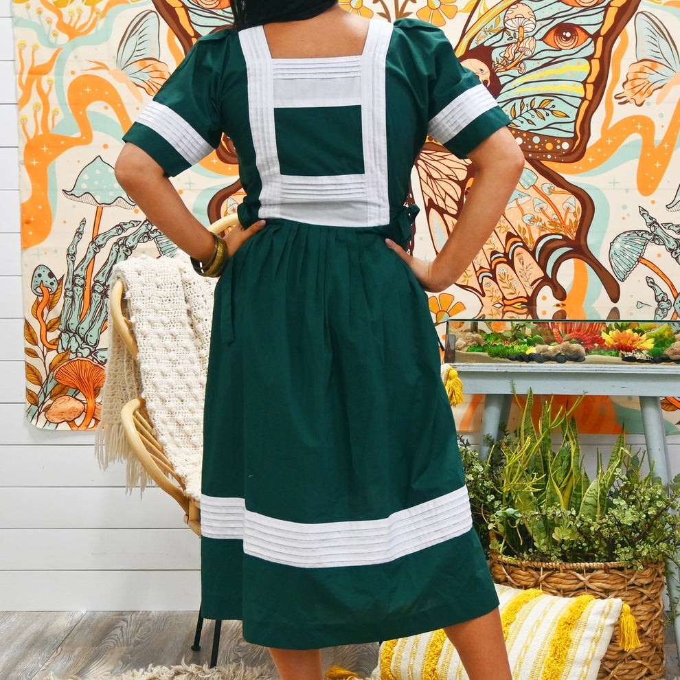 Vintage 70s Quilt Block Side Tie Cottagecore Apron Style Patchwork Midi Dress