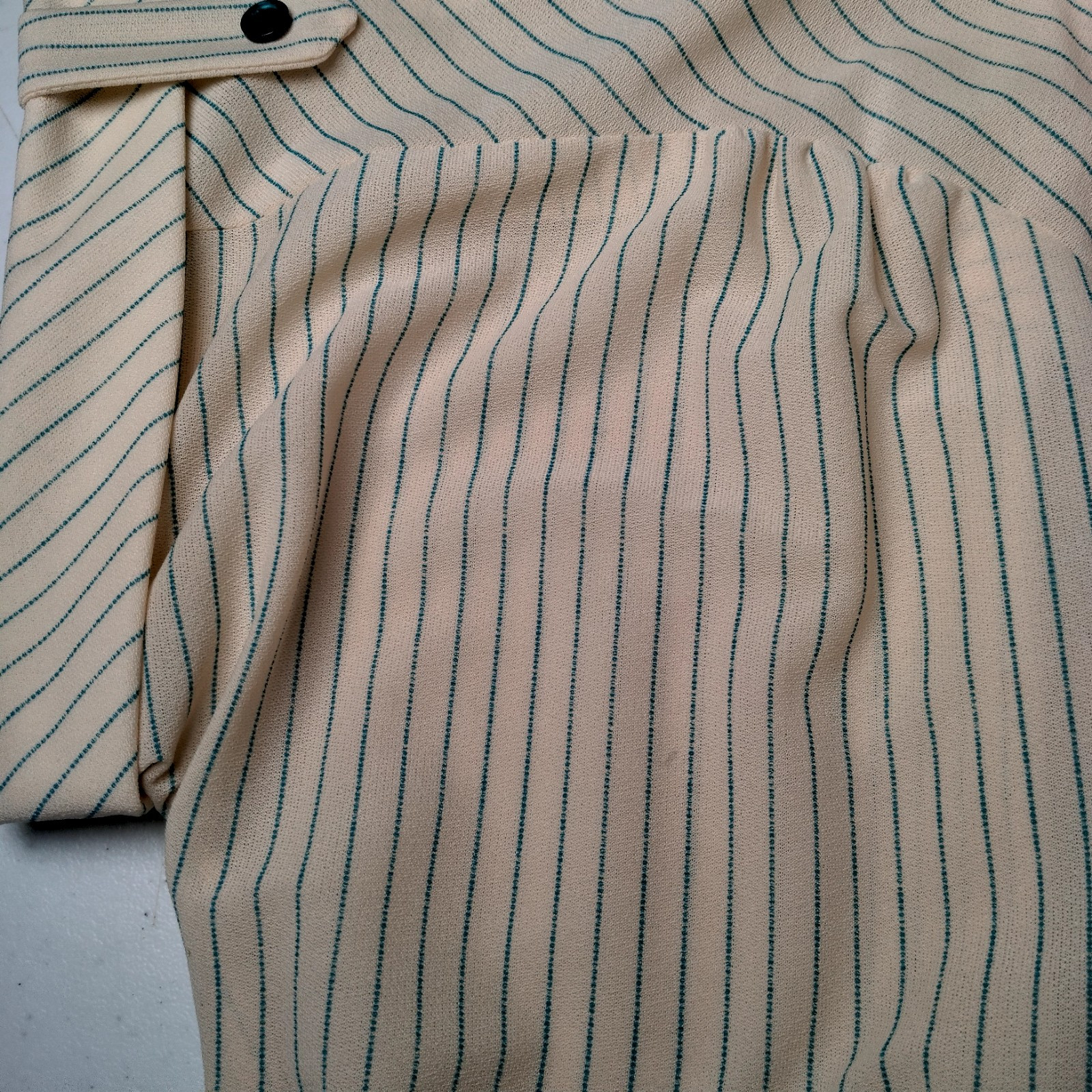 Vintage 1970s Dress Size 7 Ivory Blue Stripe Button Up Collar Belted Secretary