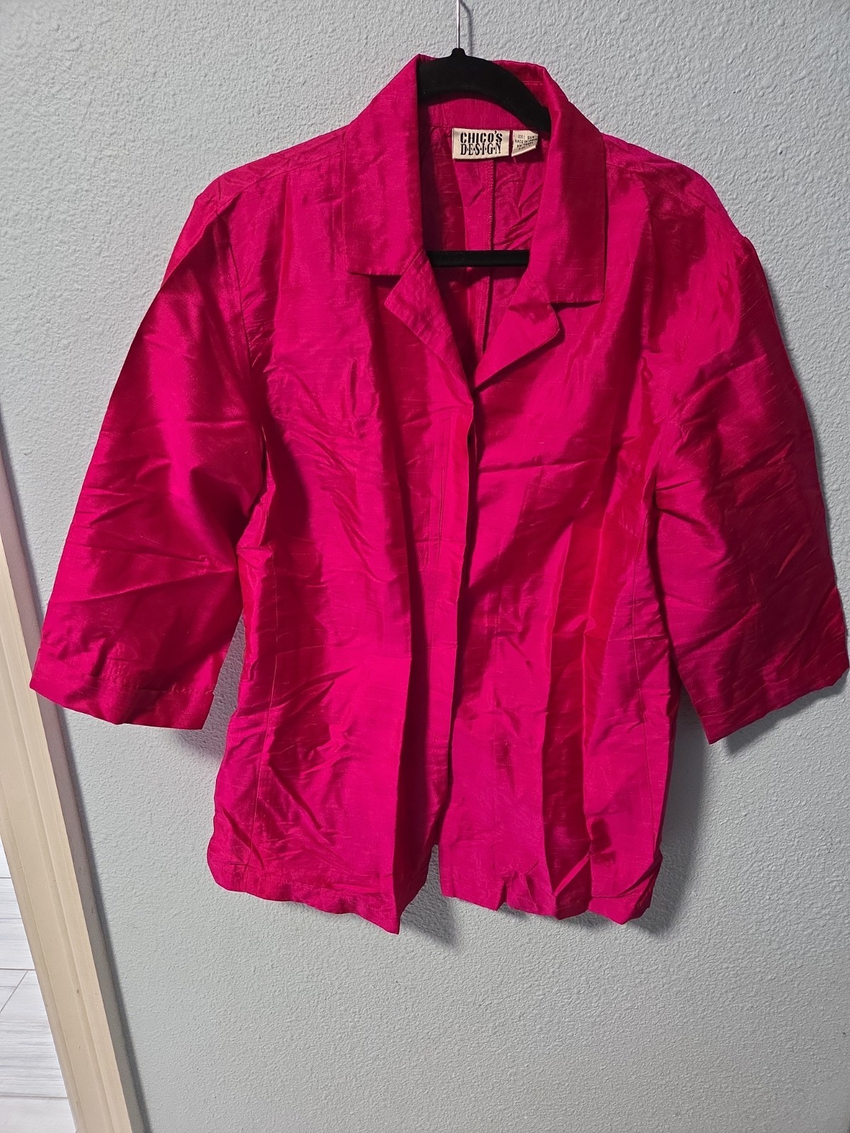 Vintage Chico’s Design 100% Silk Hot Pink Fuchsia Jacket Blazer Top Size 3 XL