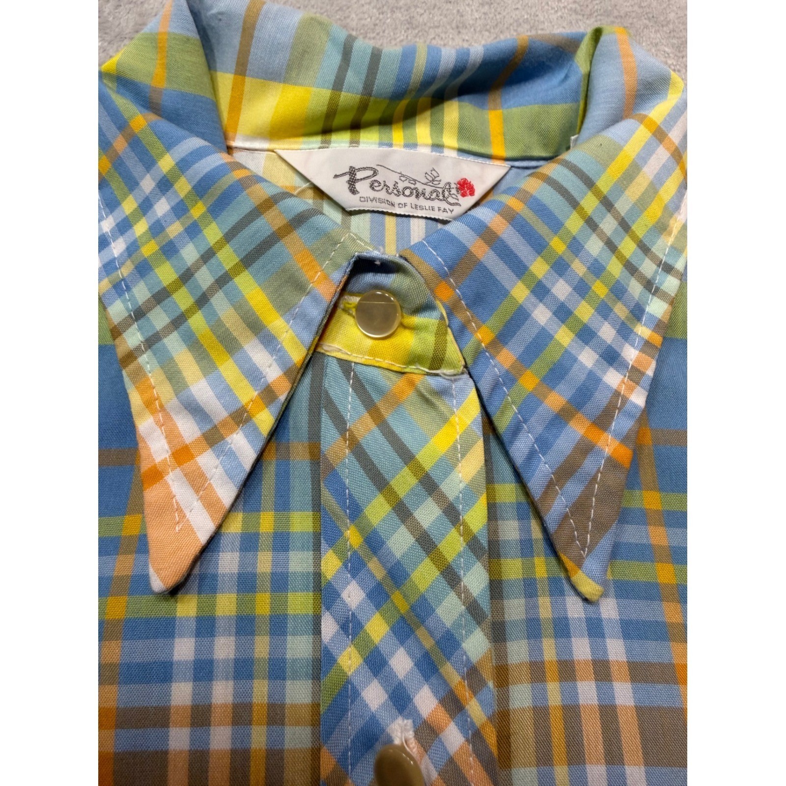 Vintage 70s Plaid Dagger Collar Button Down Blouse Blue Yellow Orange Size 14