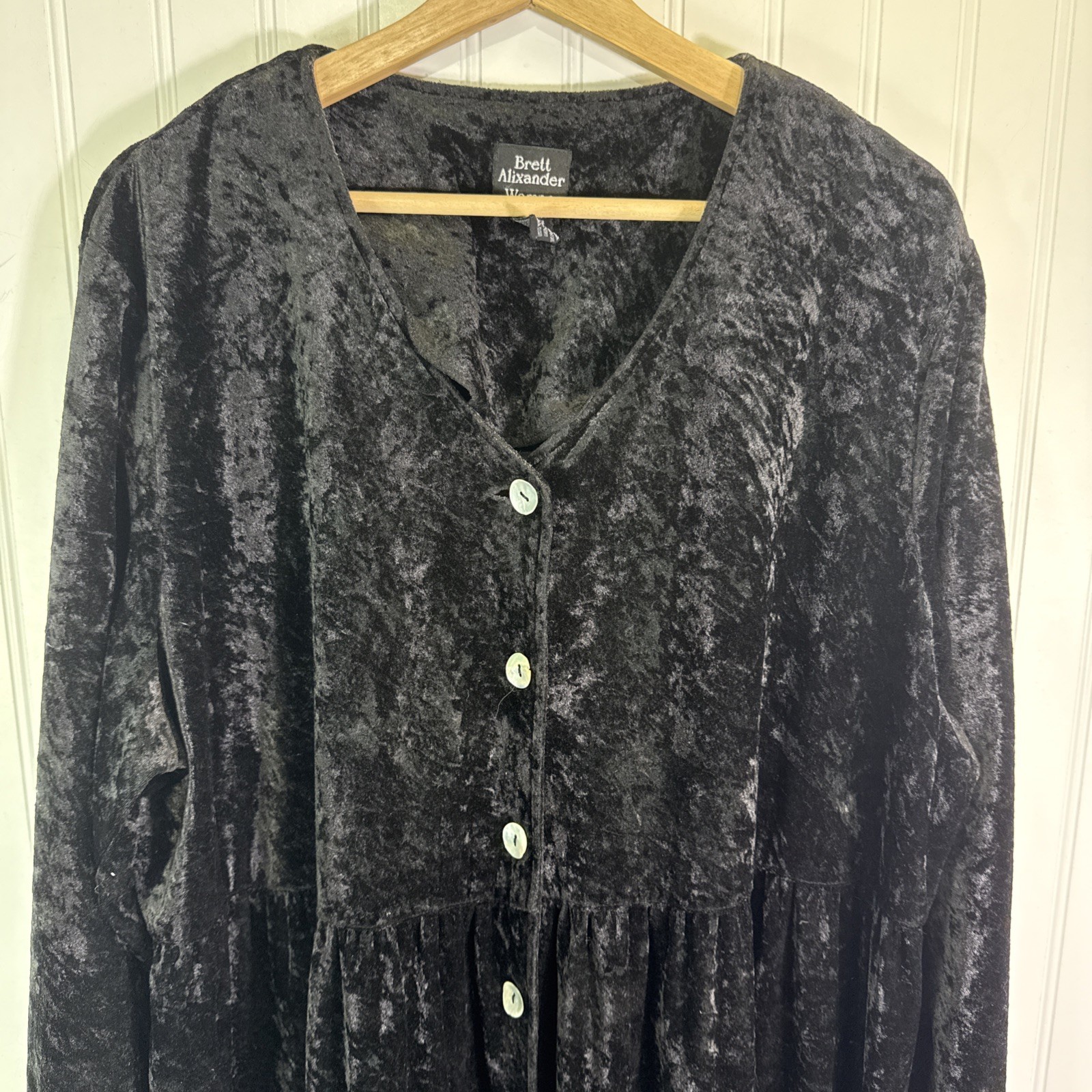 Vintage Brett Alixander Crushed Velvet Dress Size 24 WP Black Button Midi