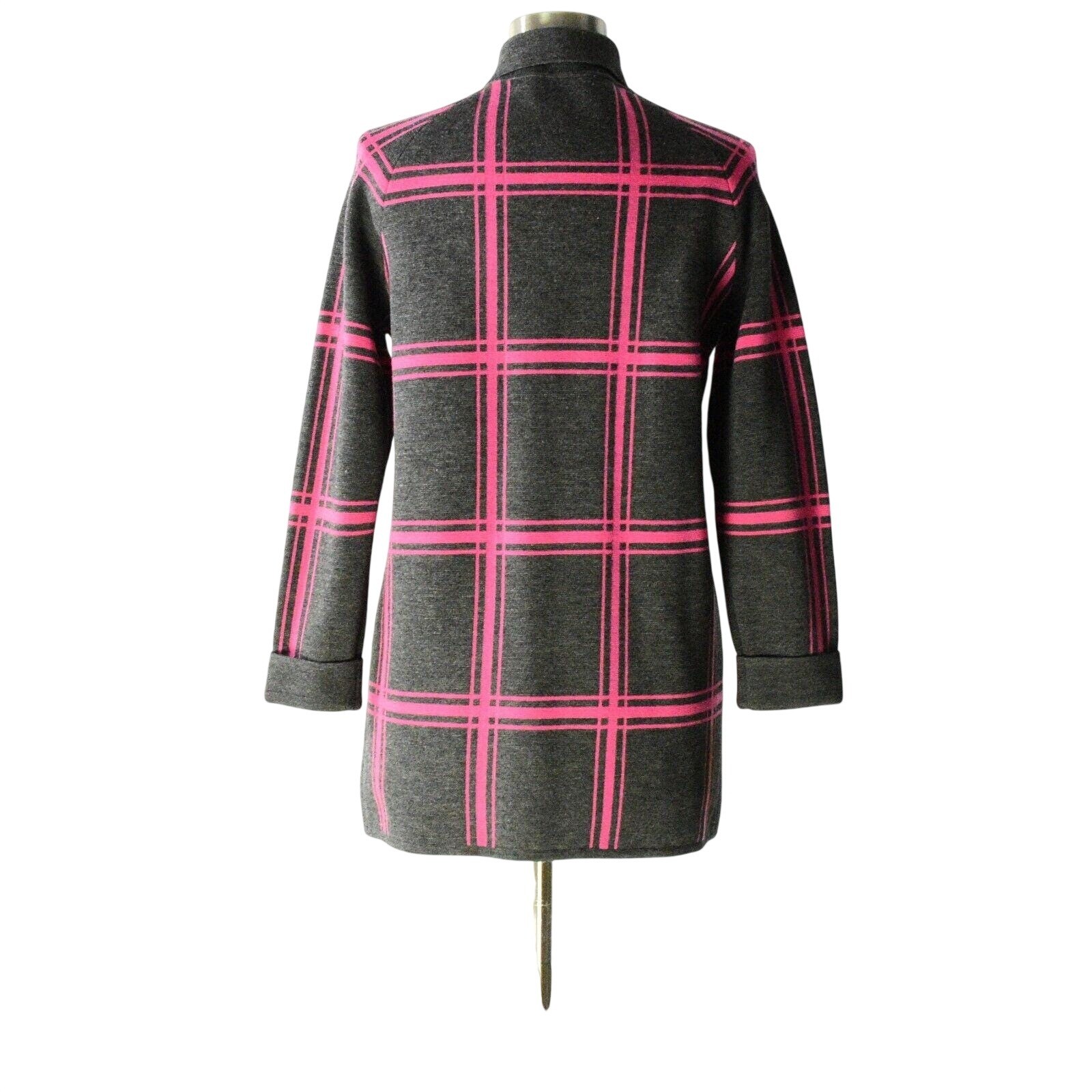 60s Vintage 100%Wool Hot Pink Knit Jacket Womens M Band Collar Plaid Sweatercoat