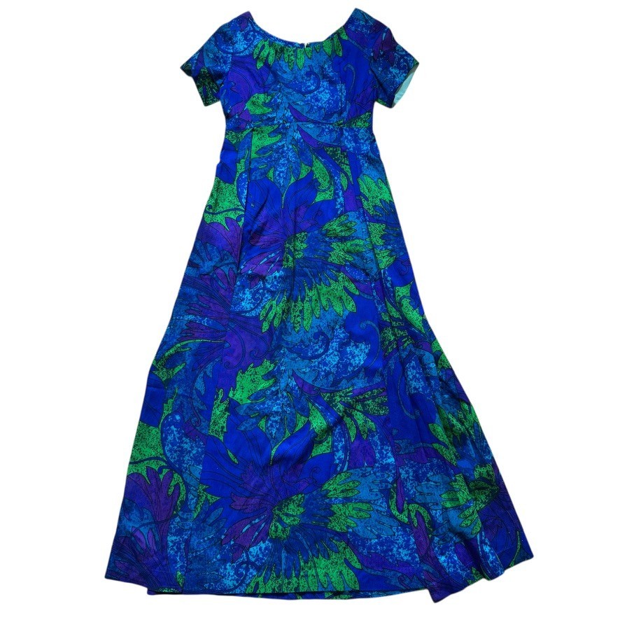 Vintage 1960s Sun Fashions of Hawaii Tropical Psychedelic Blue Floral Maxi Dress