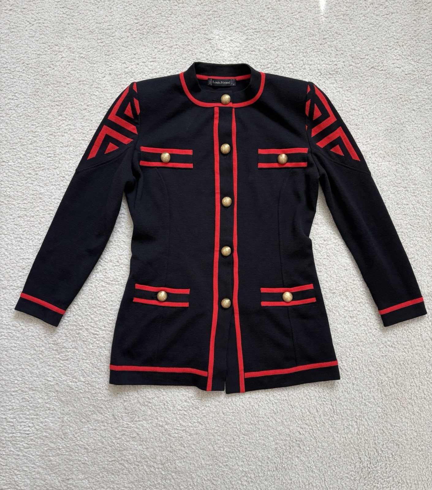 Louis Feraud military inspired blazer gold tone buttons red trim preppy sz 4