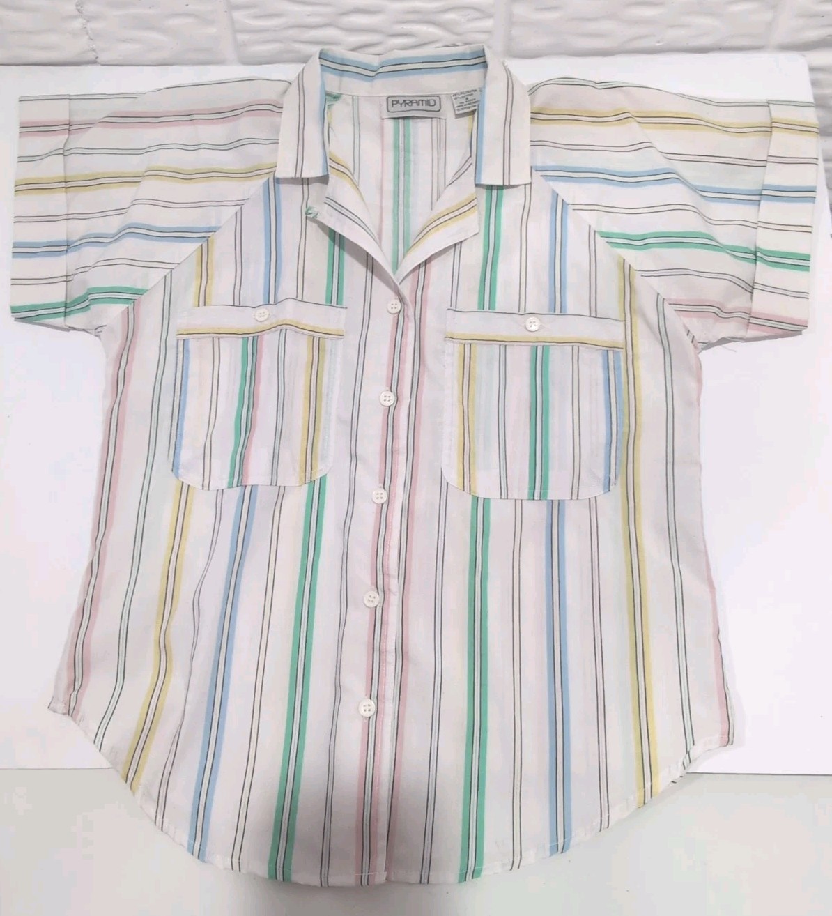 Vintage 70s 80s Pyramid Striped Button Up Camp Shirt Women S Pastel Retro Pocket