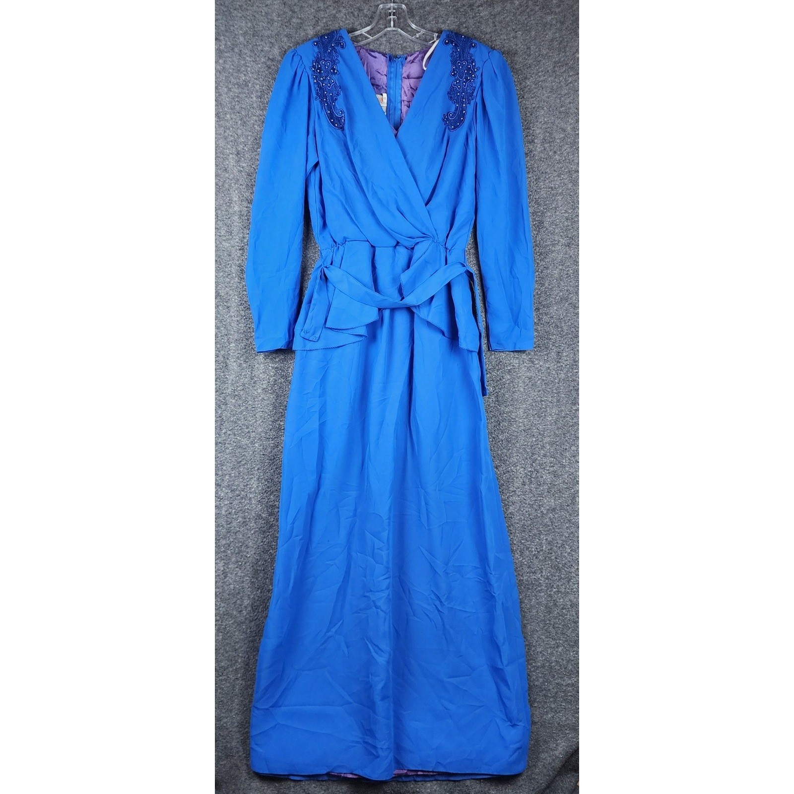 Sylvia Ann Maxi Dress Women 12 Blue Vintage 80s Beaded Lace Wrap Formal Gown