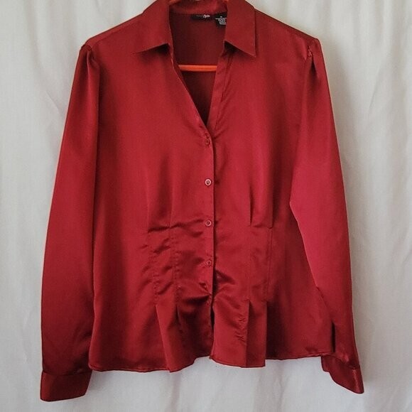 East 5th Blouse Red silky Retro pleats sz 18 Y2K Vtg romantic corporate 90s EUC