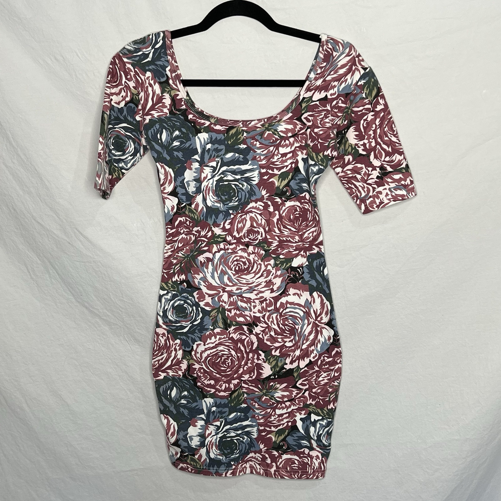 Vintage Express Tricot 90s Mini Bodycon Dress Floral Print Stretch Sz S Moody