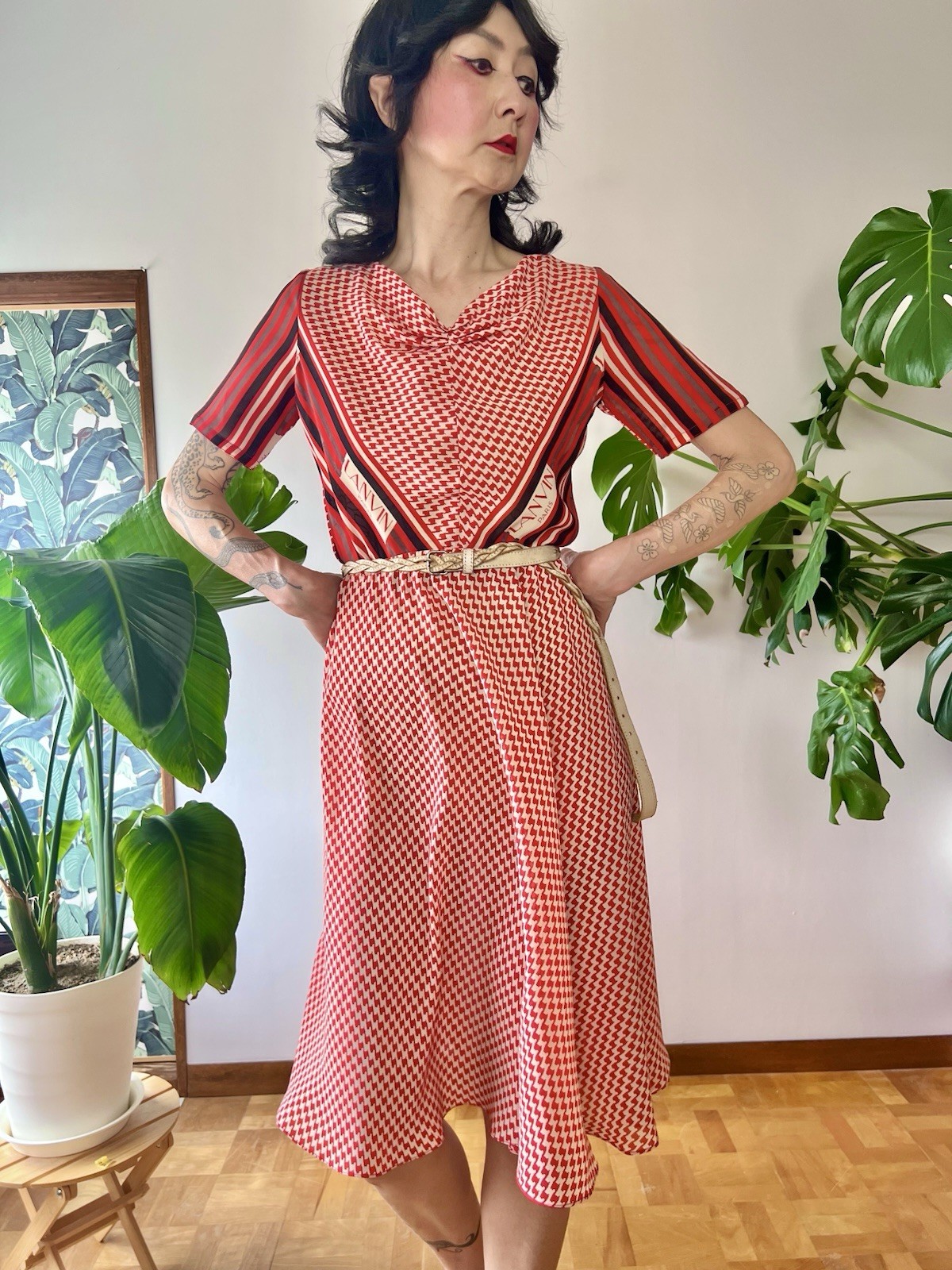 70s Handmade Lanvin Paris Fabric Bias Cut Midi Dress Scarf Print Chevron XS/S