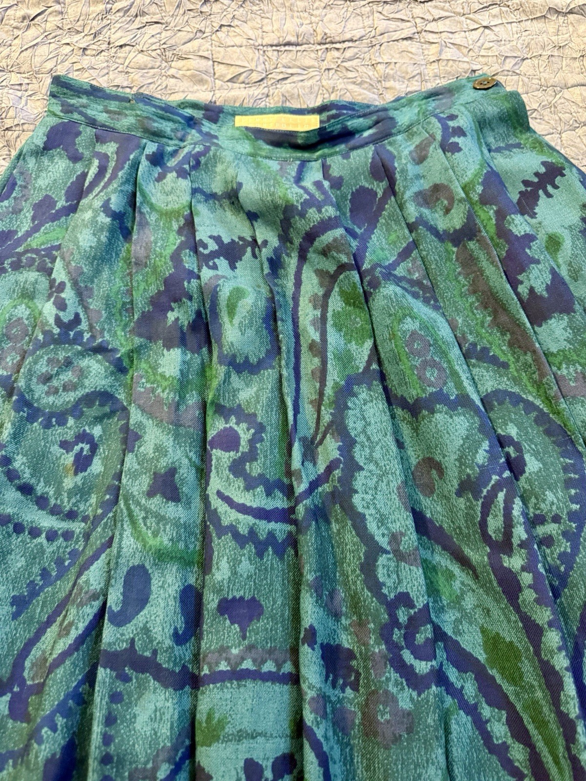 VTG Perry Ellis Wool Silk Paisley Skirt 14 Midi Green Blue Golden Girl Core 80s