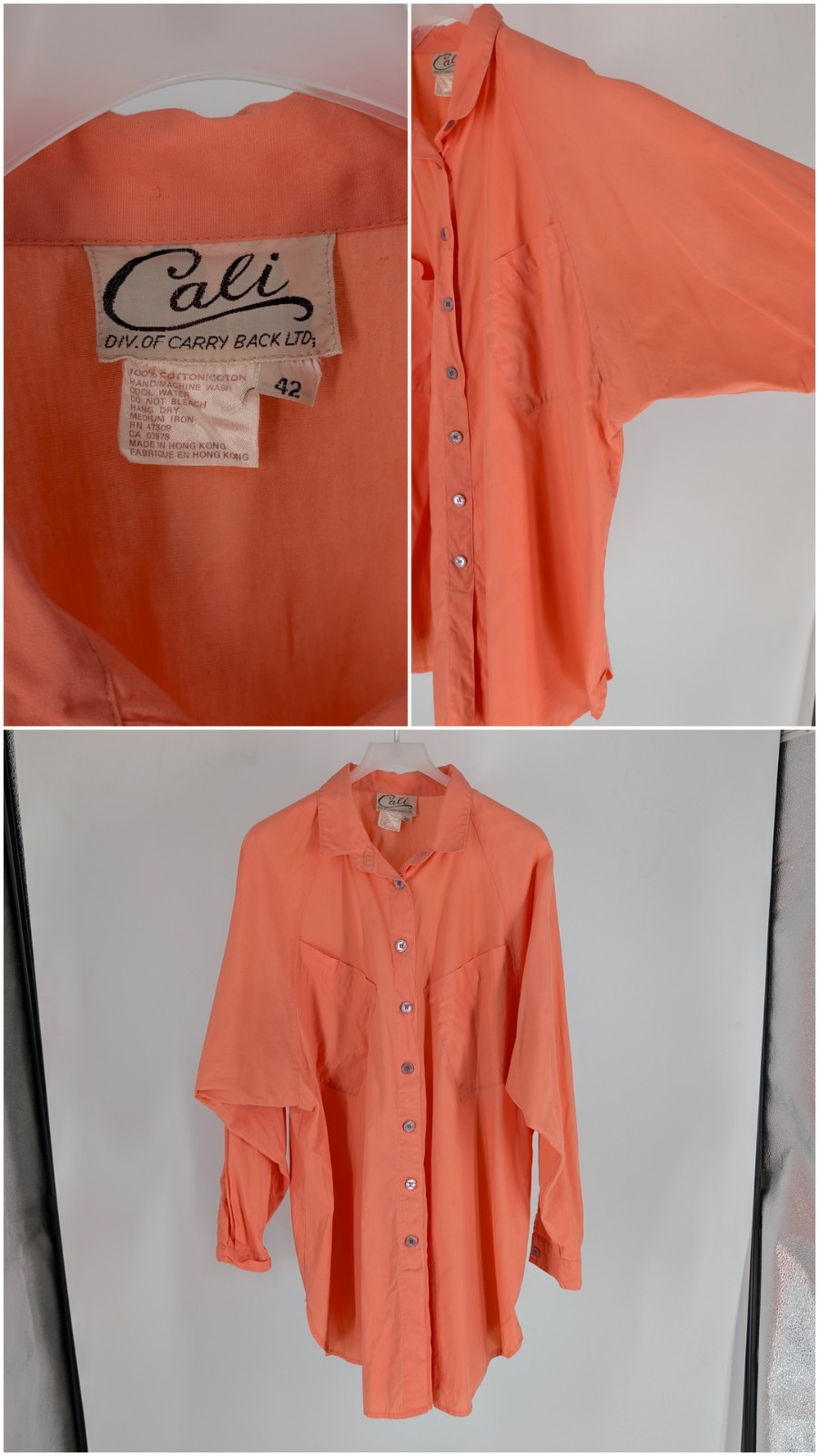 Vintage 80s Cali Carry Back Peach Cotton Batwing Oversized Button Up Shirt 42