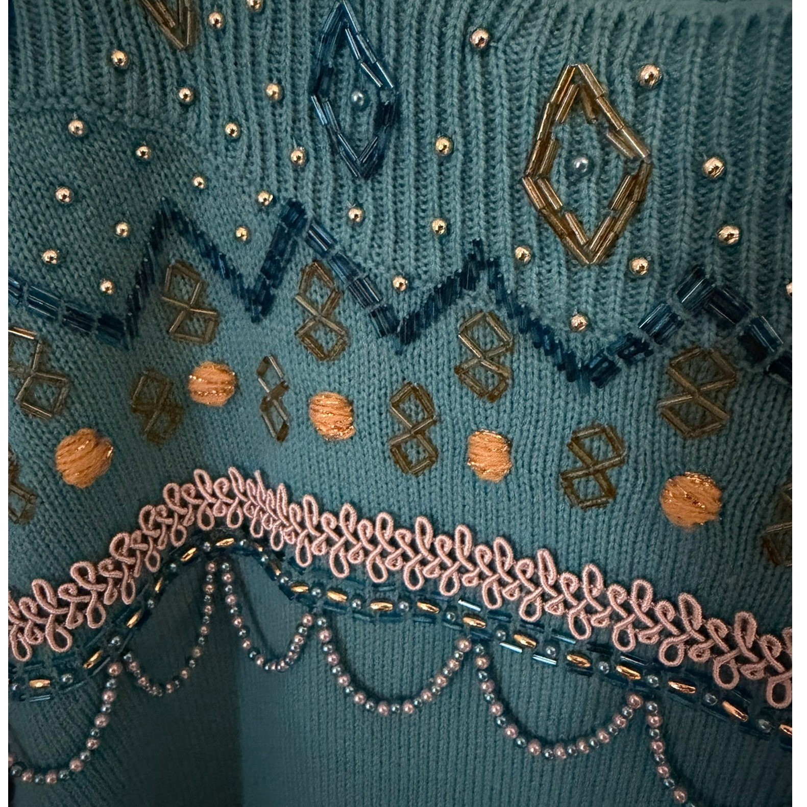 Vintage Darian Sweater Dress Women’s Large Beaded Embellished Teal