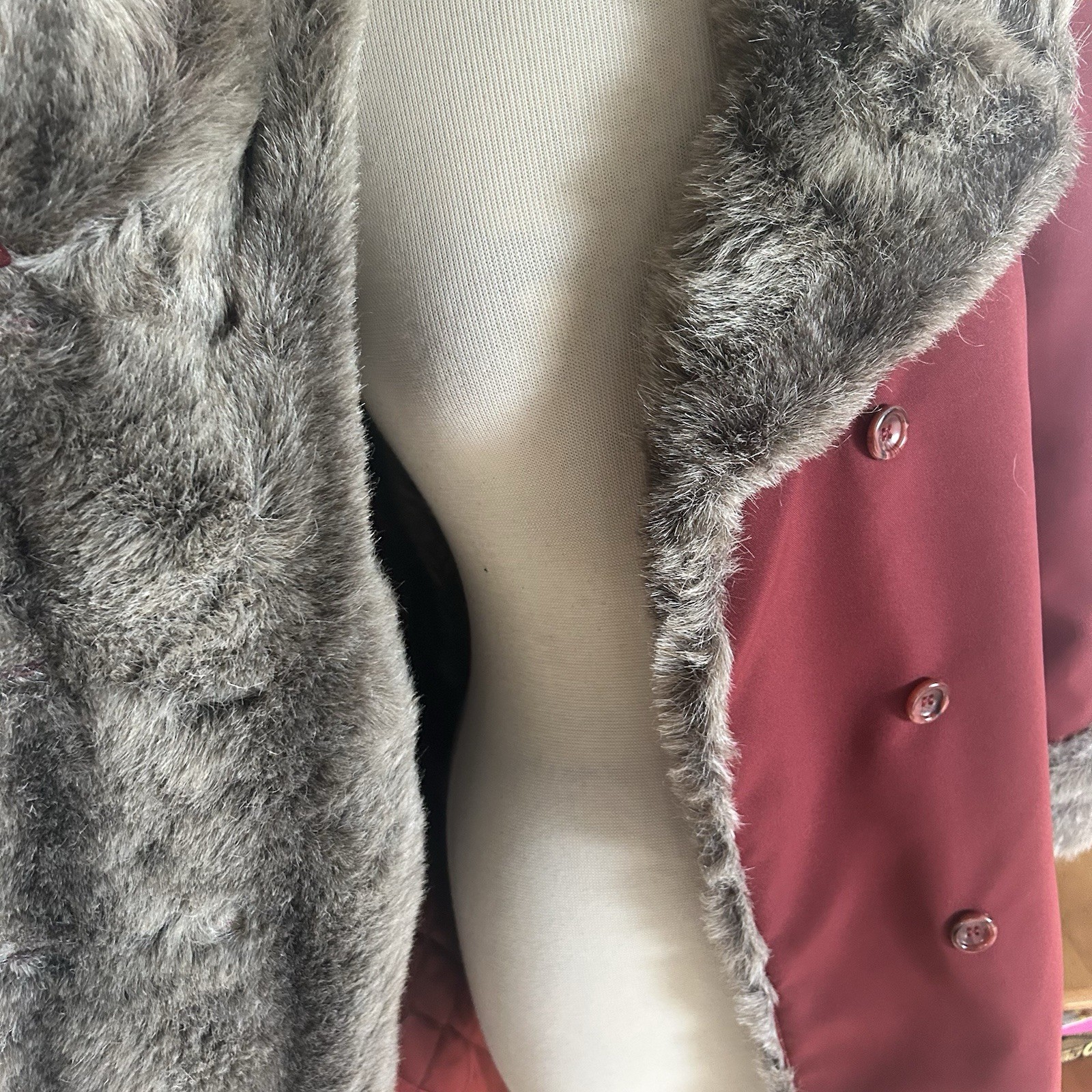 Vintage 1940s Style Coat | Burgundy Wine | Faux Fur Trim | M L | 40s 70s