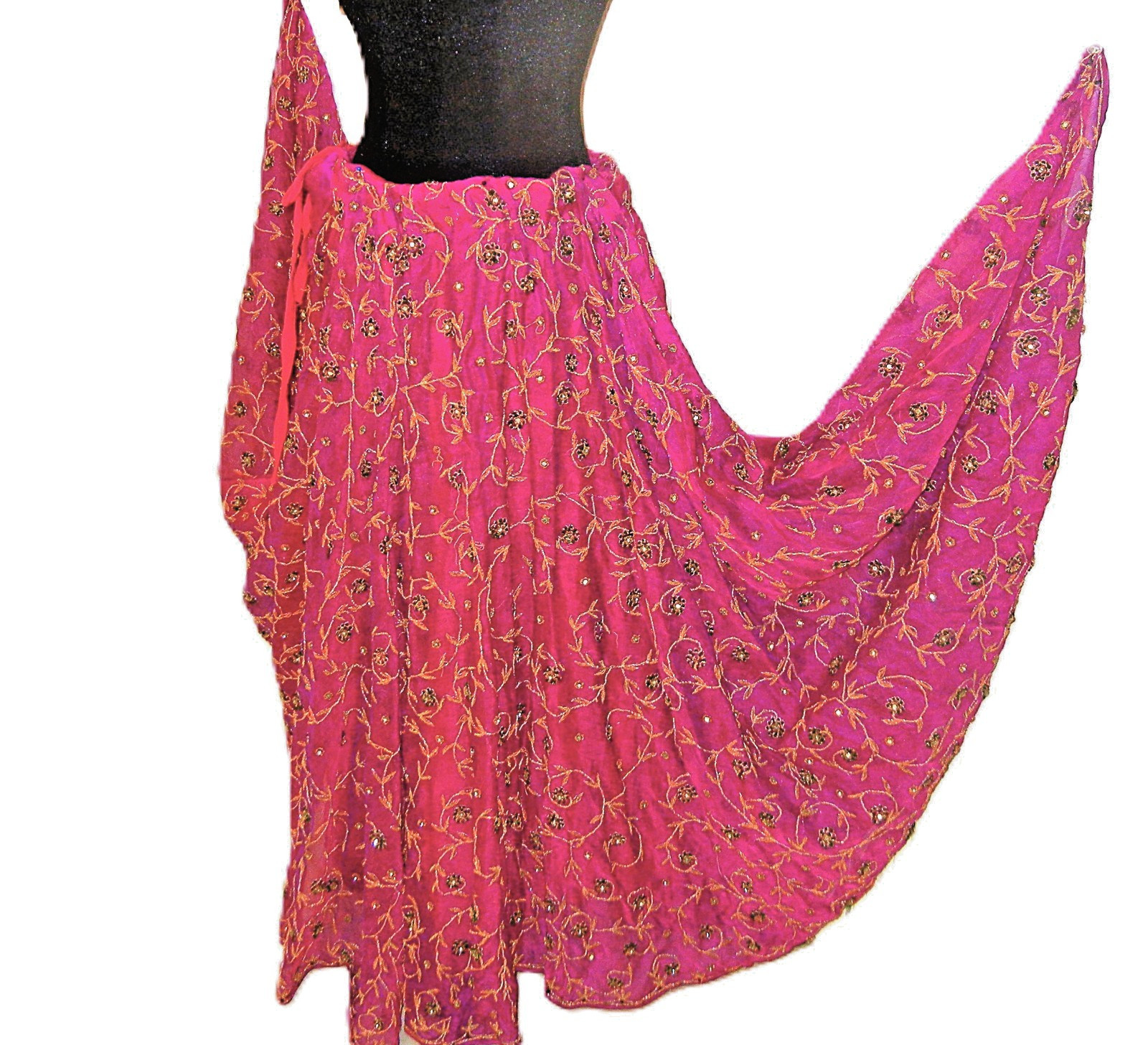 VINTAGE Lehenga Maxi Skirt DEEP FUSHIA Beaded Crystal Flowers Gold M/L BONUS BAG