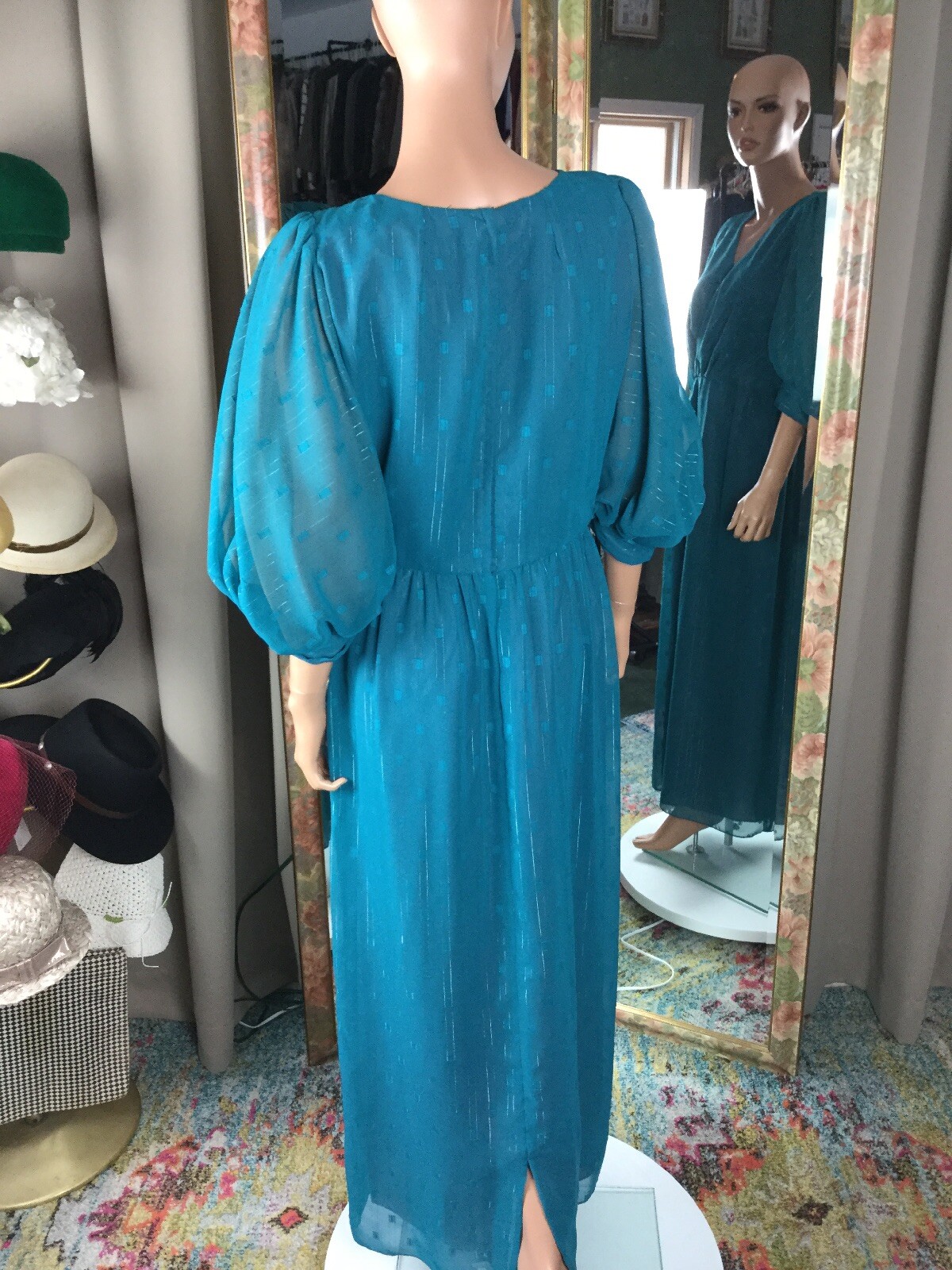 VTG David Morris Maxi Blue Silver Thread Gown Dress Lined Sz 10 Huge Sleeves
