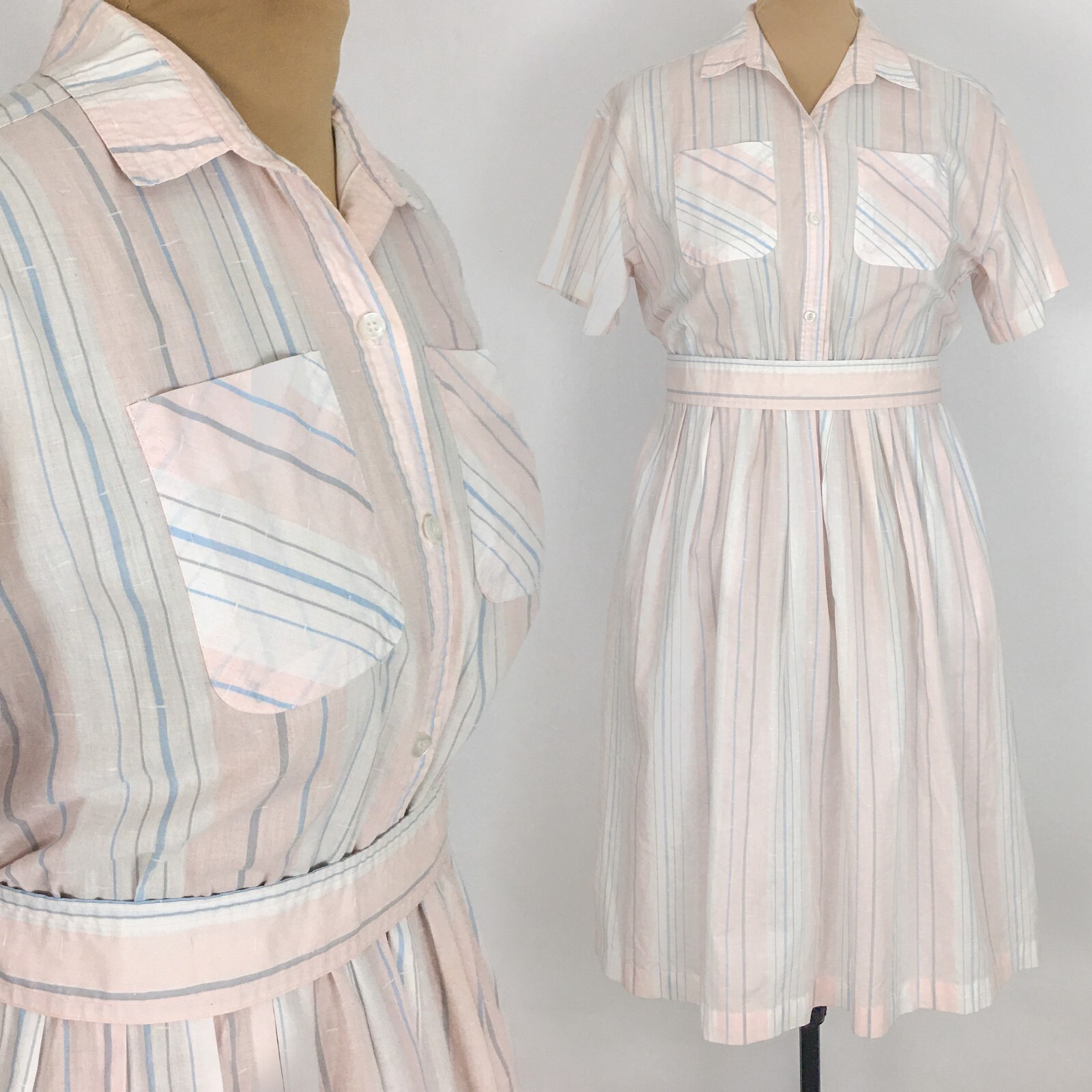 80s Woman White Midi Shirt Dress Pastel Pink Blue Striped Size Medium