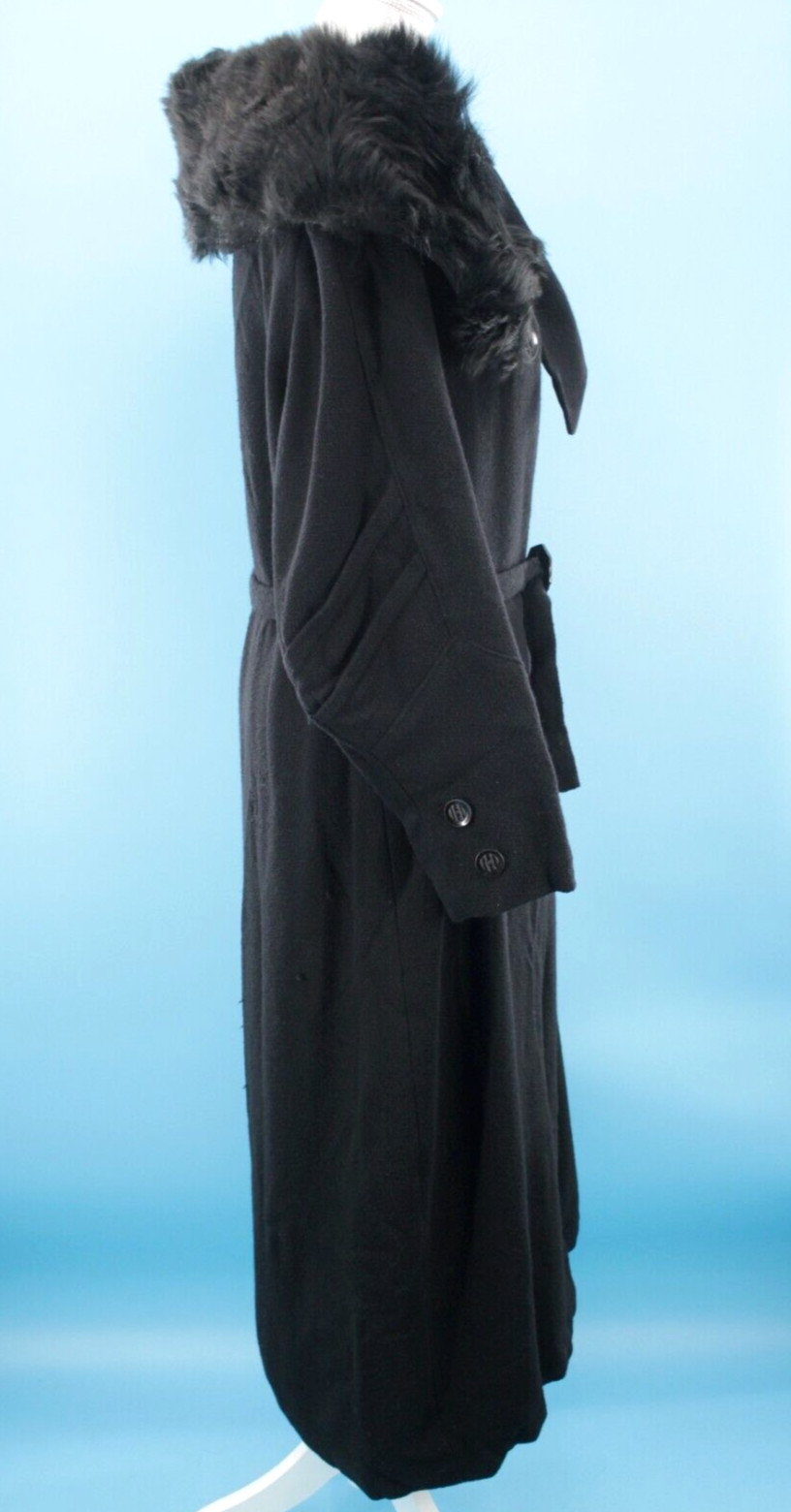 VTG Women’s 30s Black Wool Coat W/ Fur Collar & Belt & Scarf Detail Sz S/M 1930s