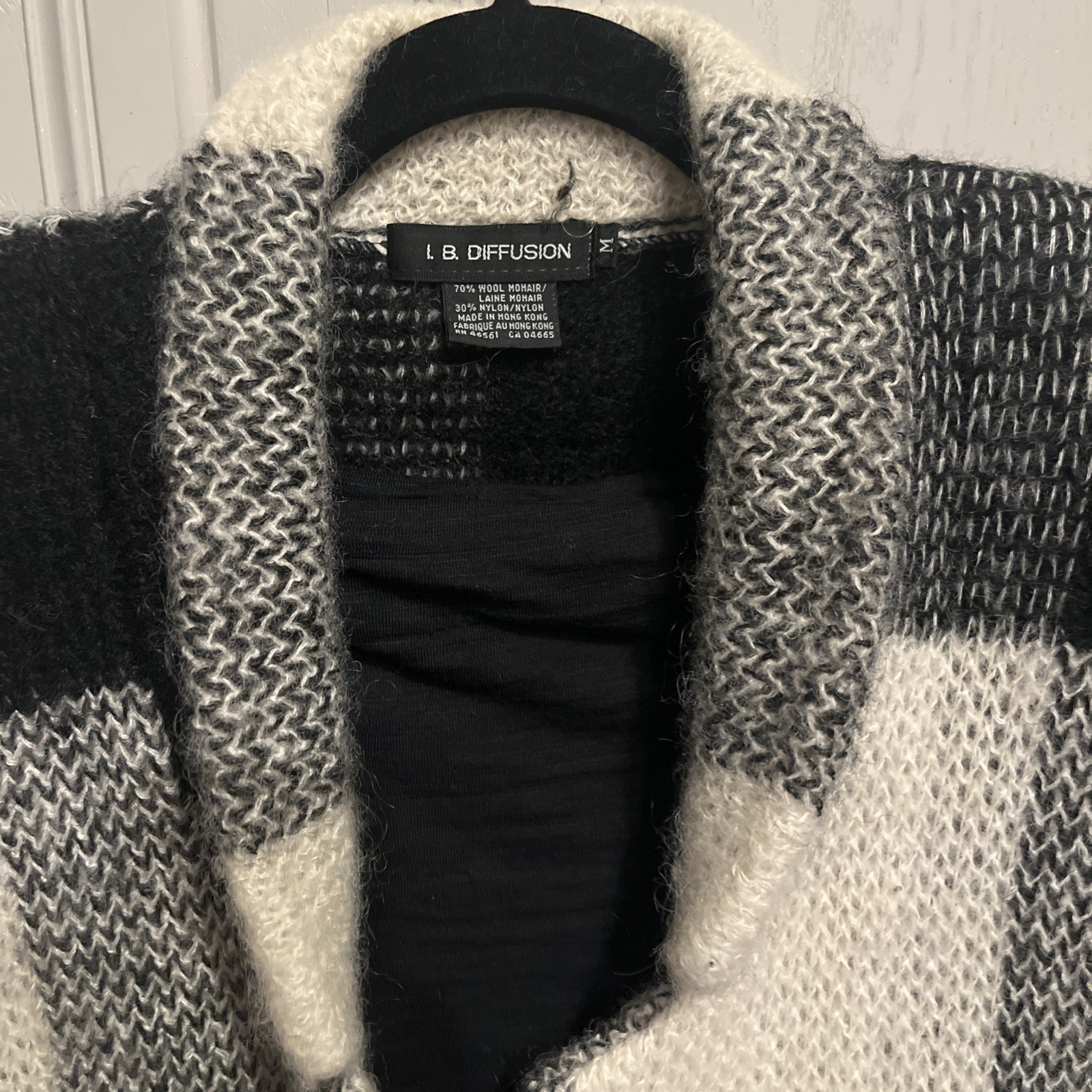 I.B. Diffusion Mohair Wool Long Ivory/Black Sweater Coat Size M Vintage 80s