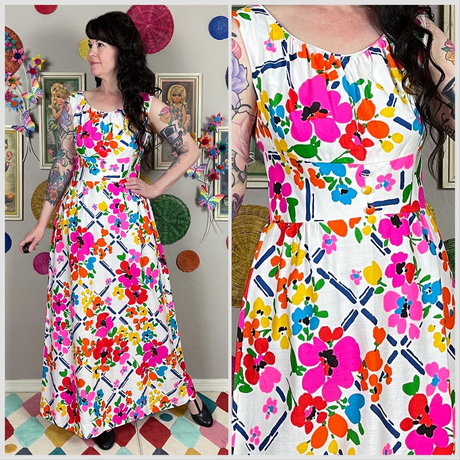 Vintage 1970s White Hawaiian Floral Day Glo Sleeveless Maxi Dress | 30″ Waist