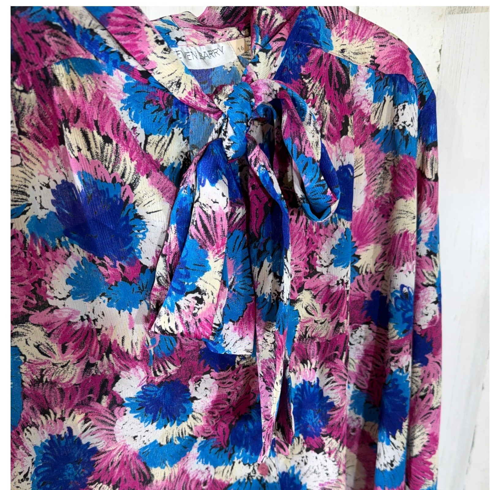 Steven Barry Blouse 16 Pink Blue Abstract Floral Tie Neck Vintage 80s Secretary