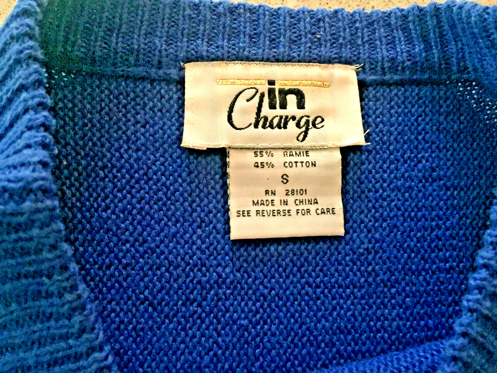 VTG IN CHARGE ROYAL BLUE SEQUIN BEAD SHOULDER TRIM COTTON+ SWEATER sz S 1980s