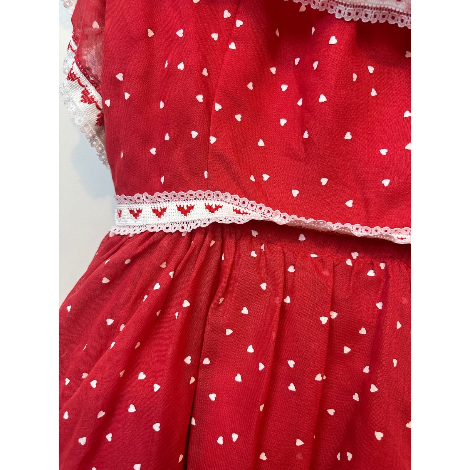 Flirtations VTG Red Heart Print Tiered Maxi Dress Lace Trim Ruffle 7/8 Red White